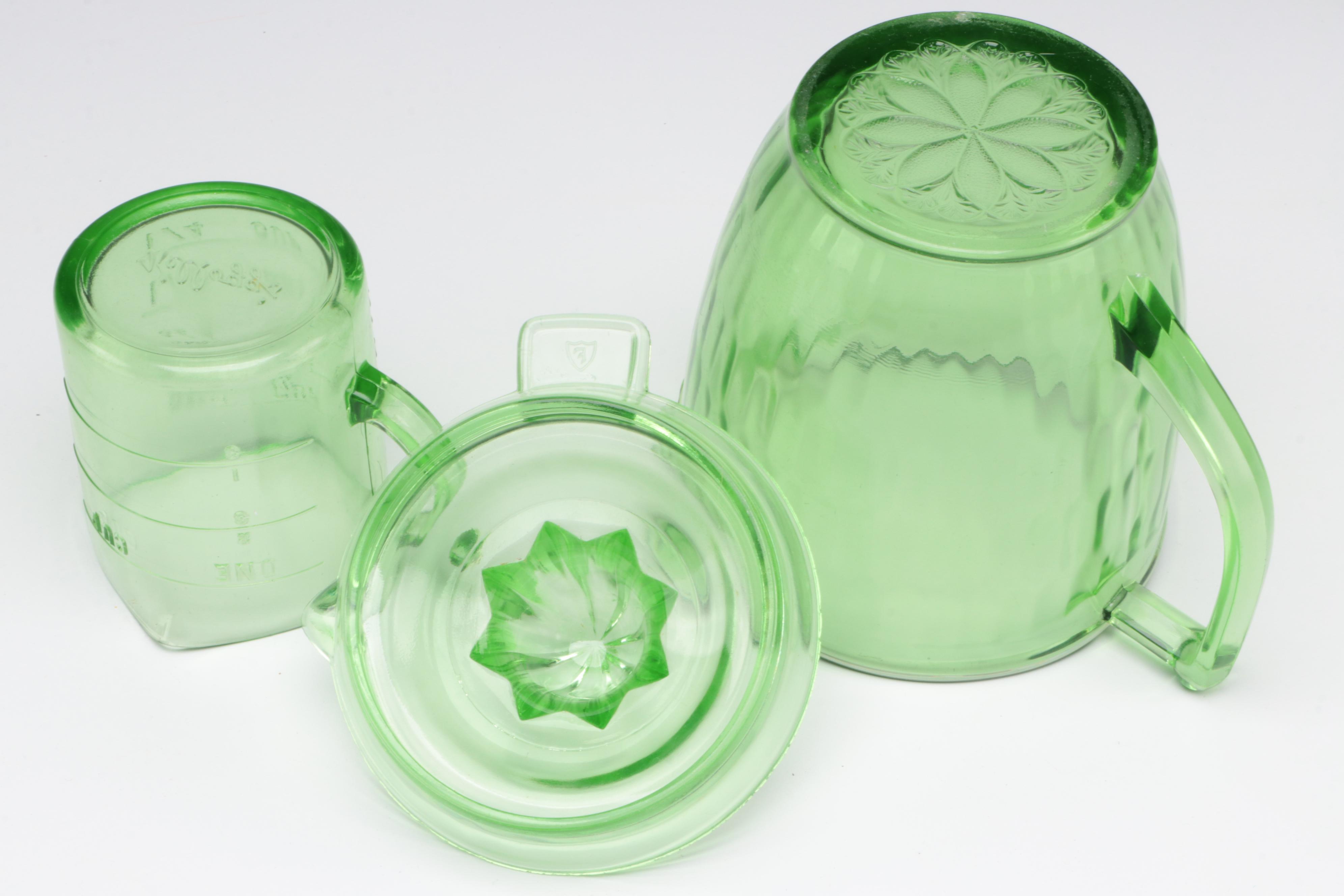 T & S Handimade Measuring Cup with Beater Attachment with Other Uranium Glass