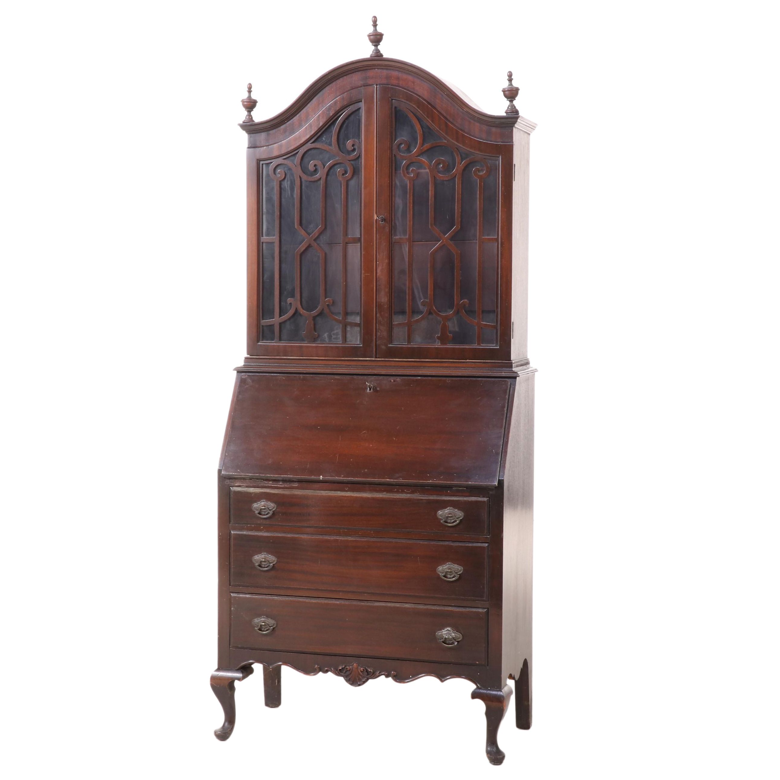 Queen Anne Style Mahogany-Finish Secretary Bookcase, 1930s-40s