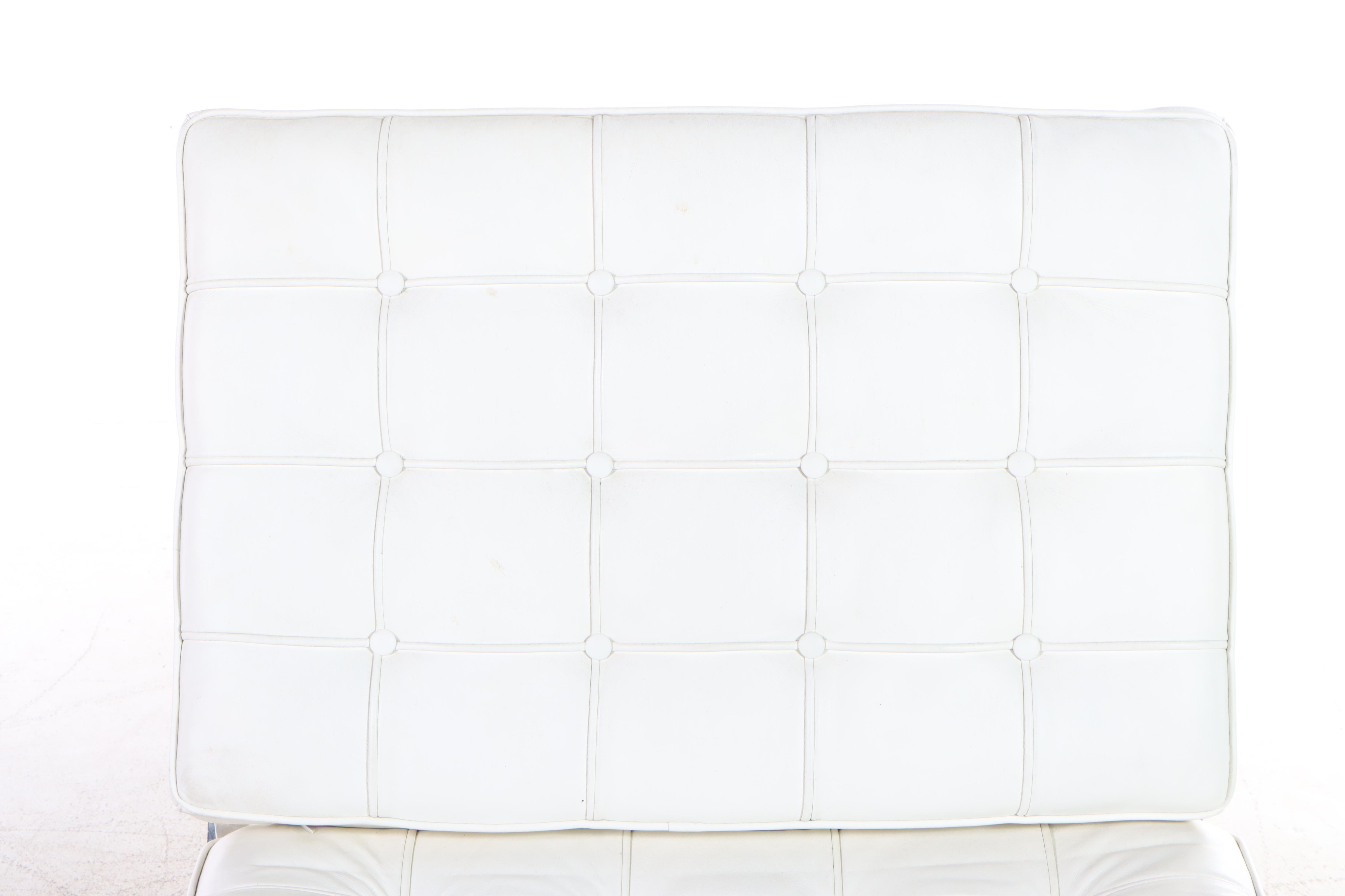 Modernist Chrome and White Leather Barcelona Style Lounge Chair and Ottoman