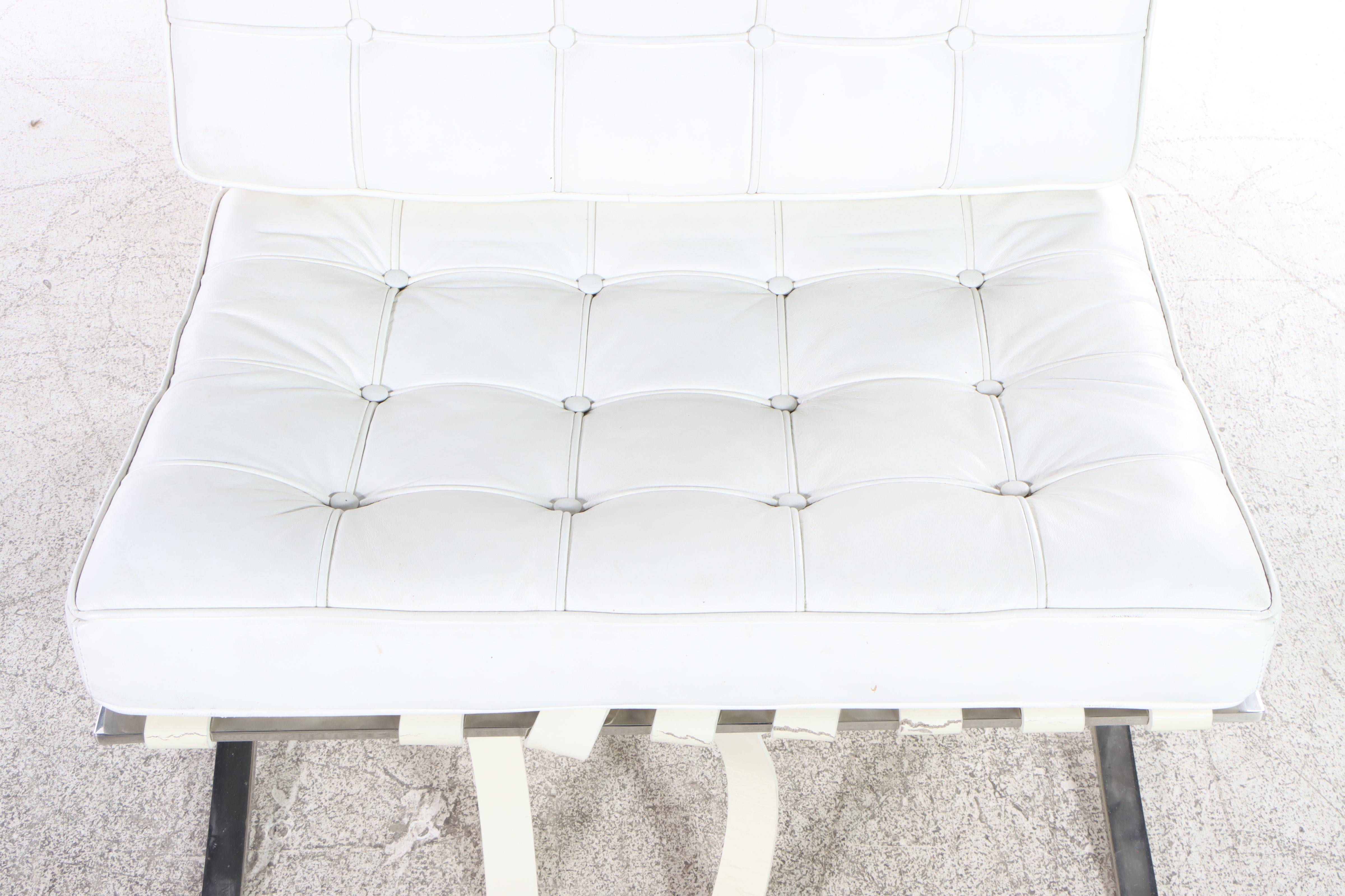 Modernist Chrome and White Leather Barcelona Style Lounge Chair and Ottoman