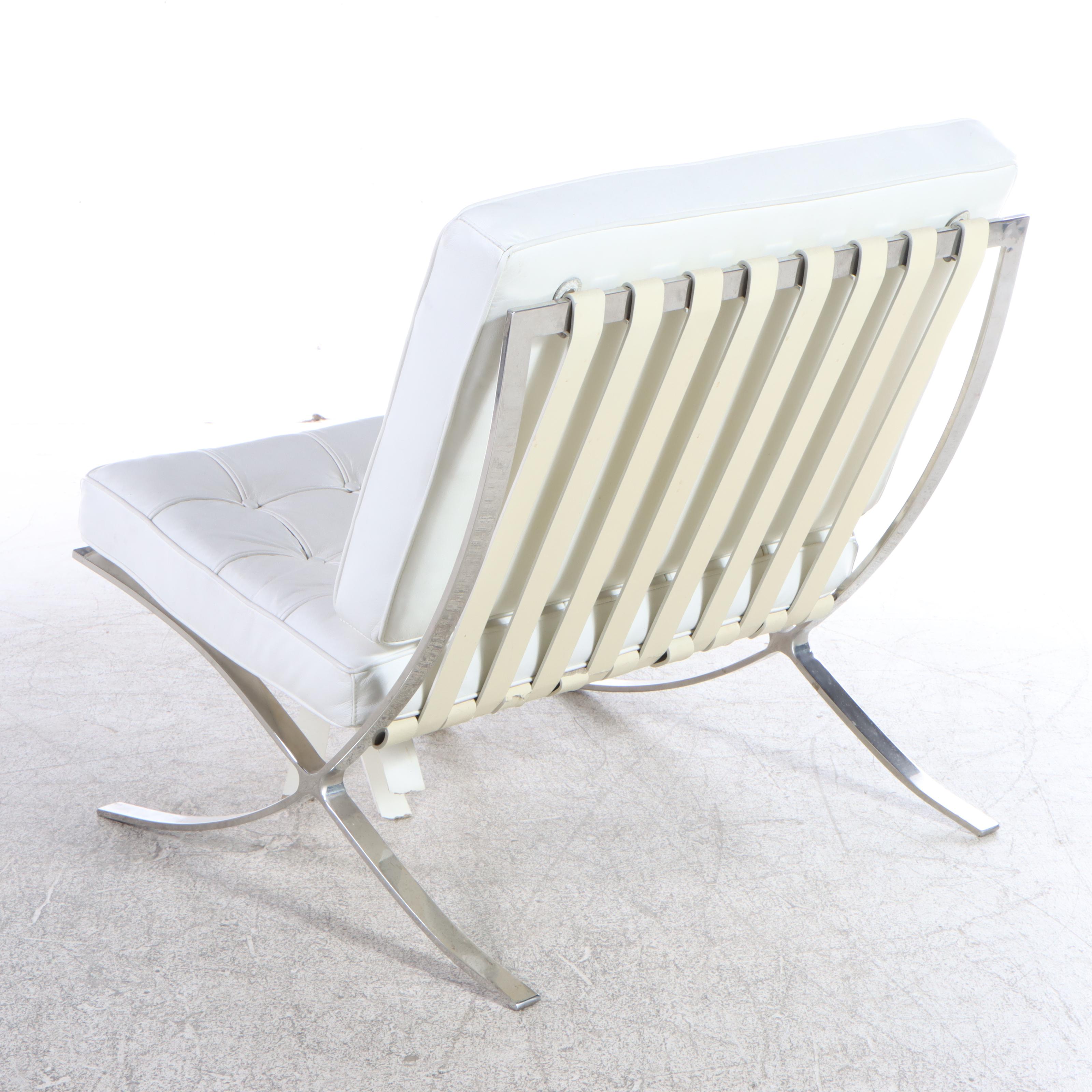 Modernist Chrome and White Leather Barcelona Style Lounge Chair and Ottoman