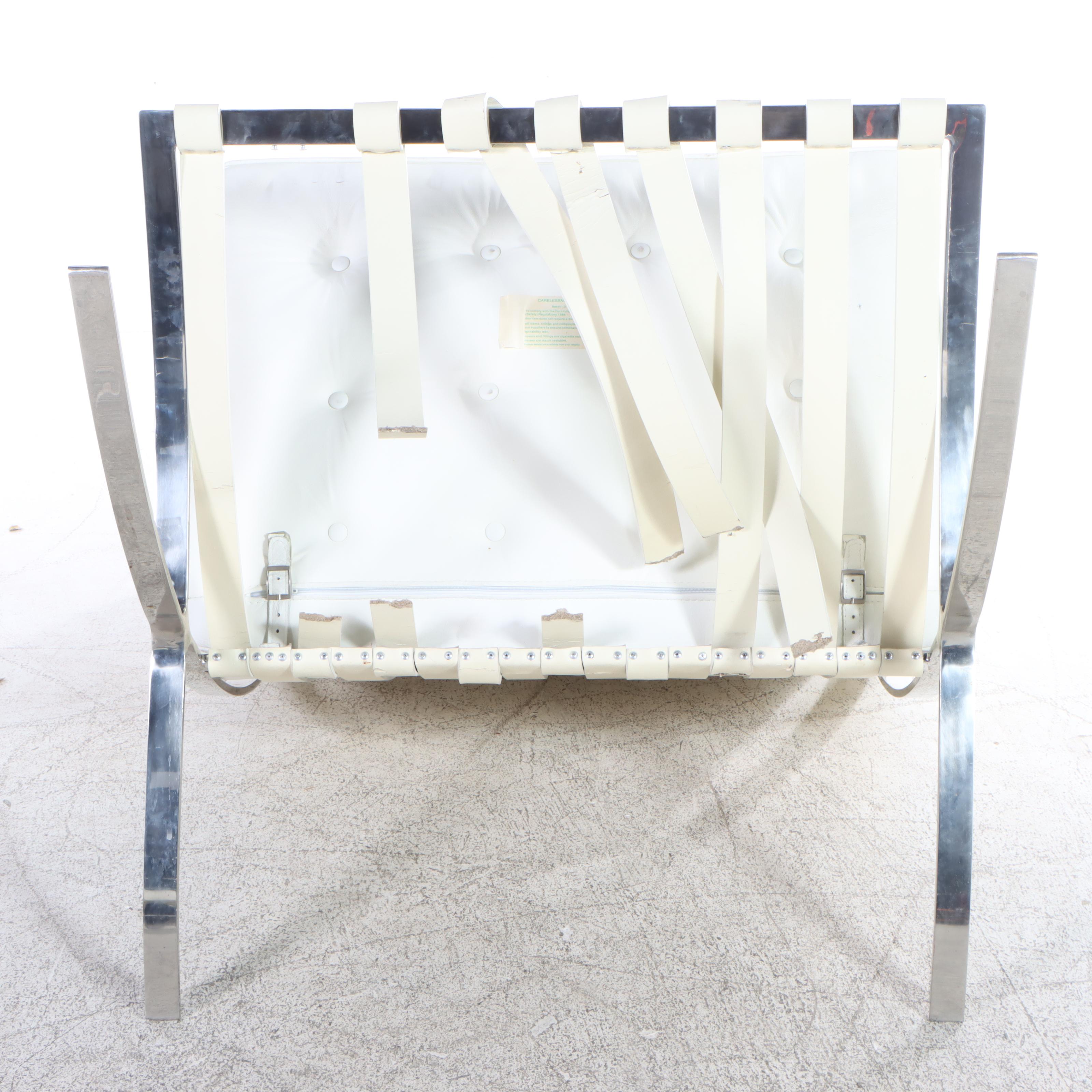 Modernist Chrome and White Leather Barcelona Style Lounge Chair and Ottoman