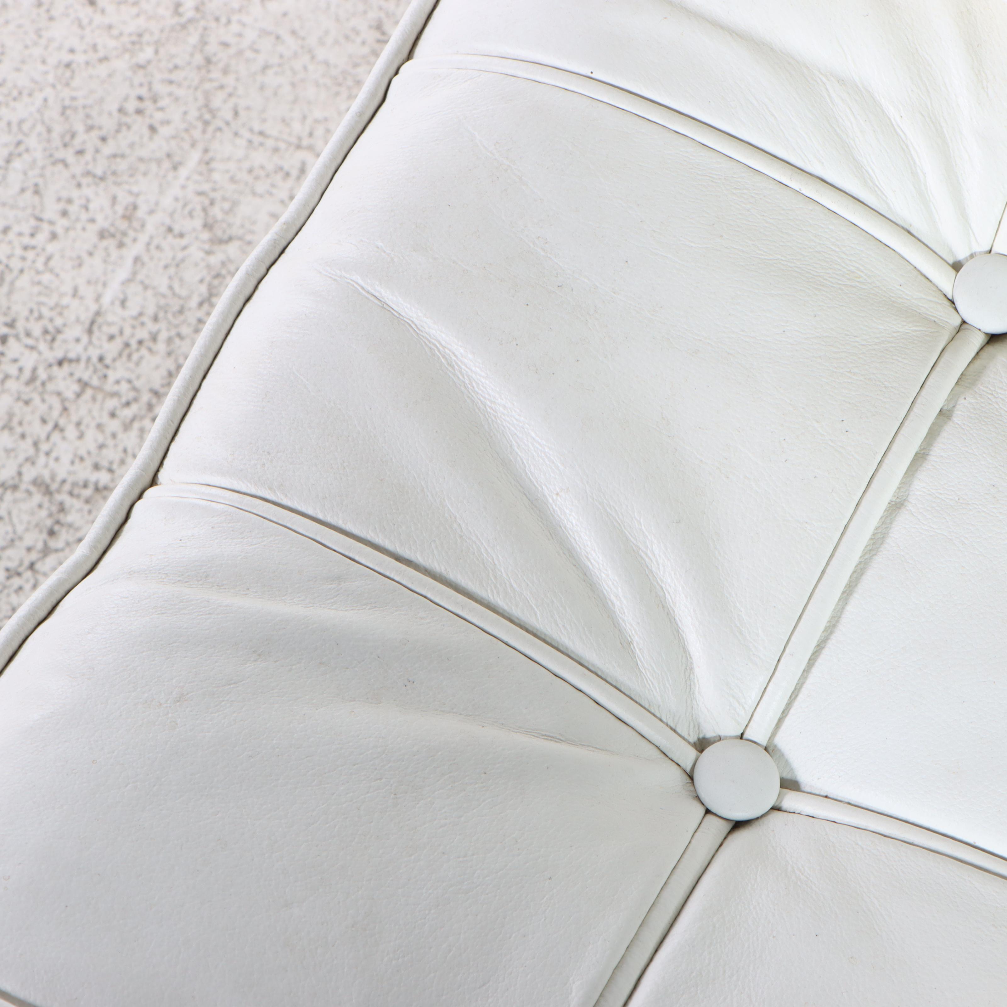 Modernist Chrome and White Leather Barcelona Style Lounge Chair and Ottoman