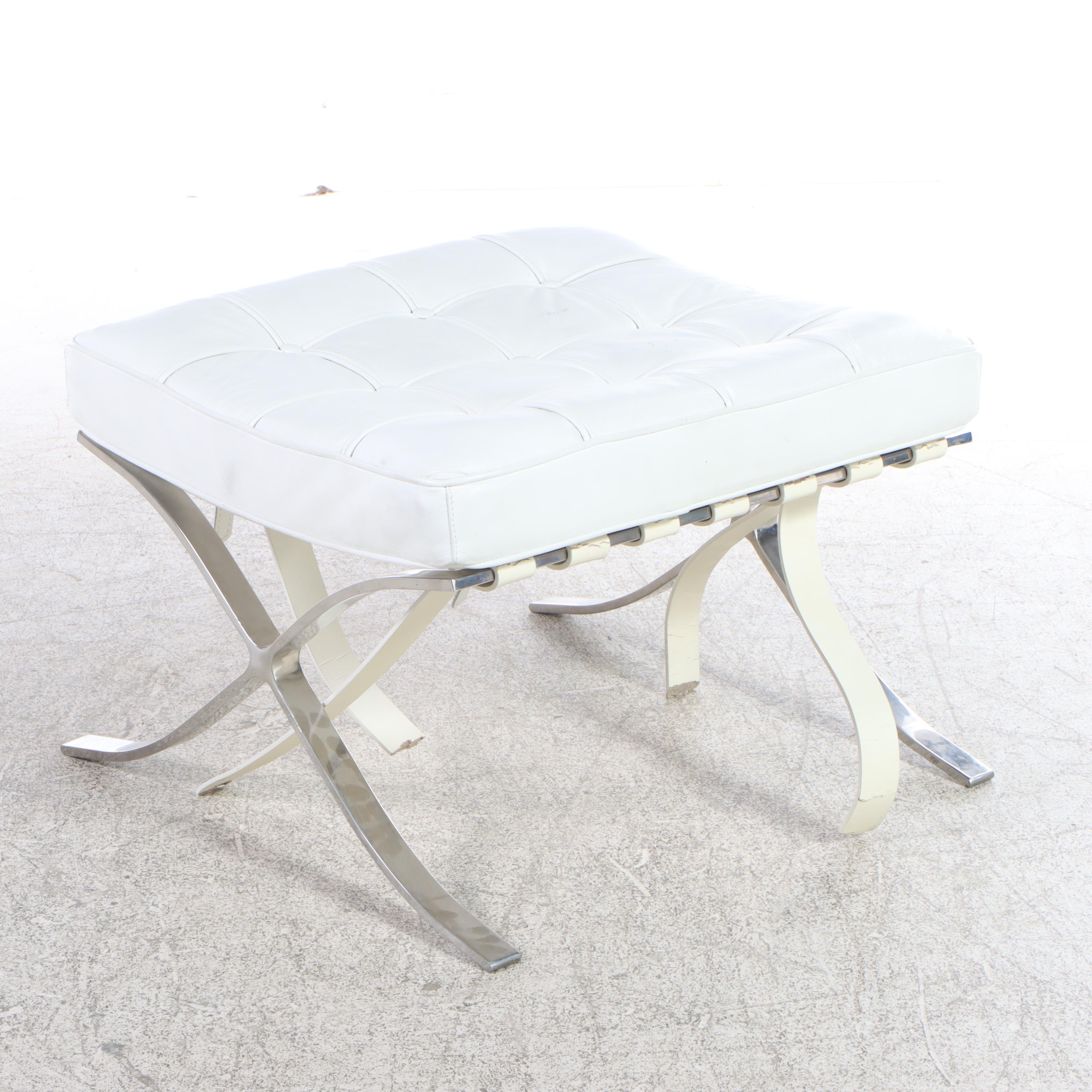 Modernist Chrome and White Leather Barcelona Style Lounge Chair and Ottoman