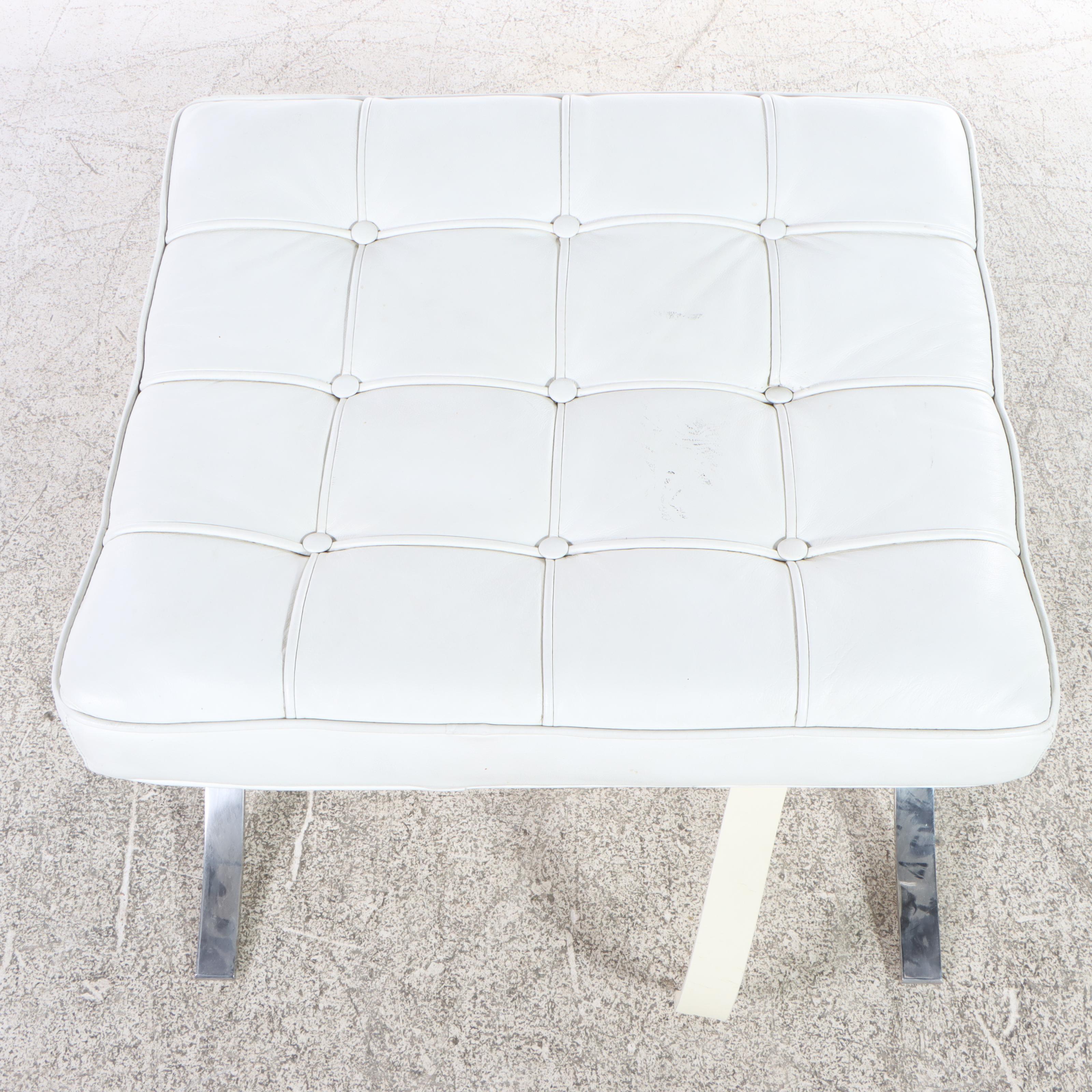 Modernist Chrome and White Leather Barcelona Style Lounge Chair and Ottoman