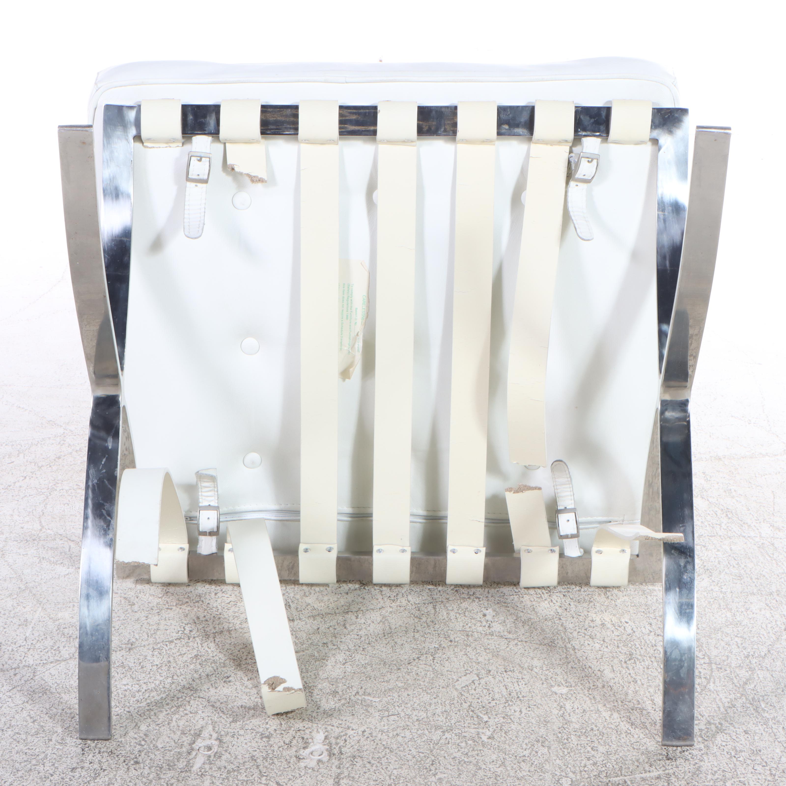 Modernist Chrome and White Leather Barcelona Style Lounge Chair and Ottoman