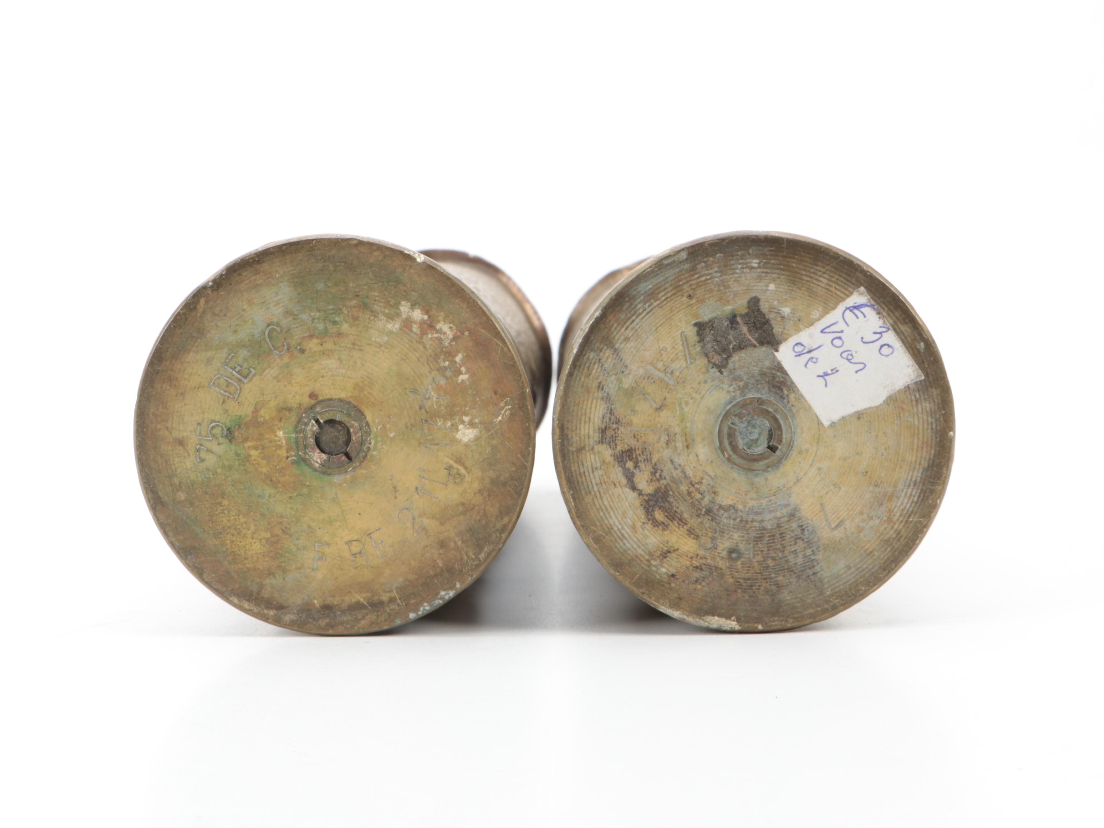 Pair of World War One Trench Art Shell Casing Vases with Floral Decoration