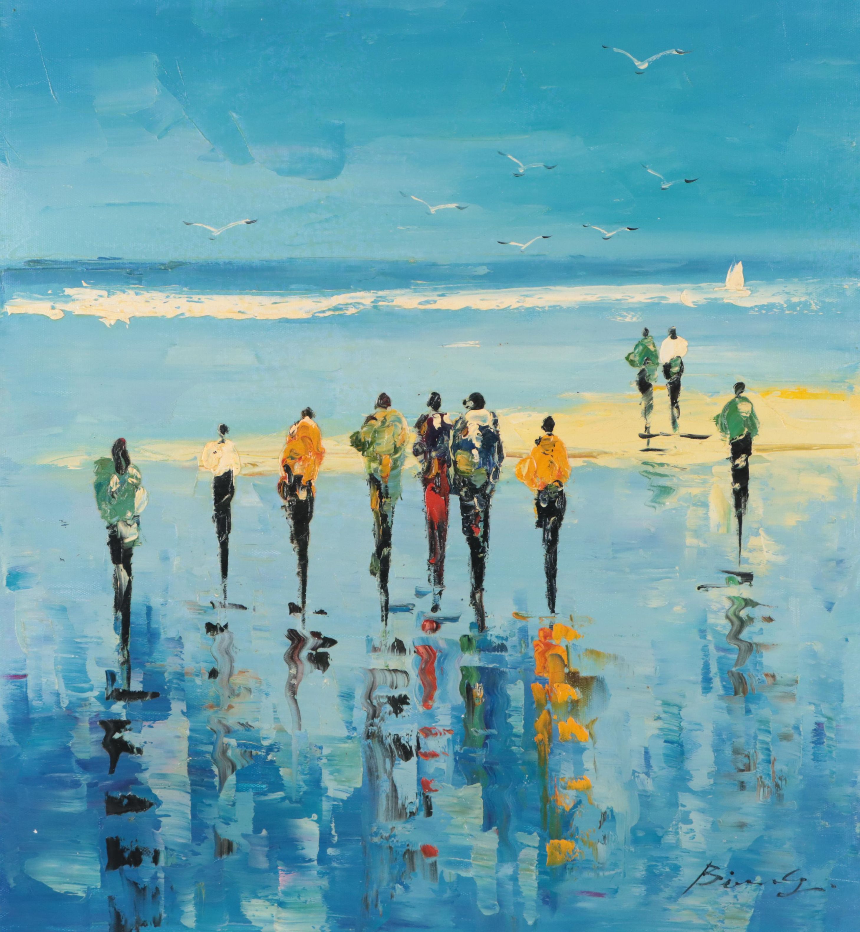 Bing Oil Painting of Figures at the Beach, 21st Century