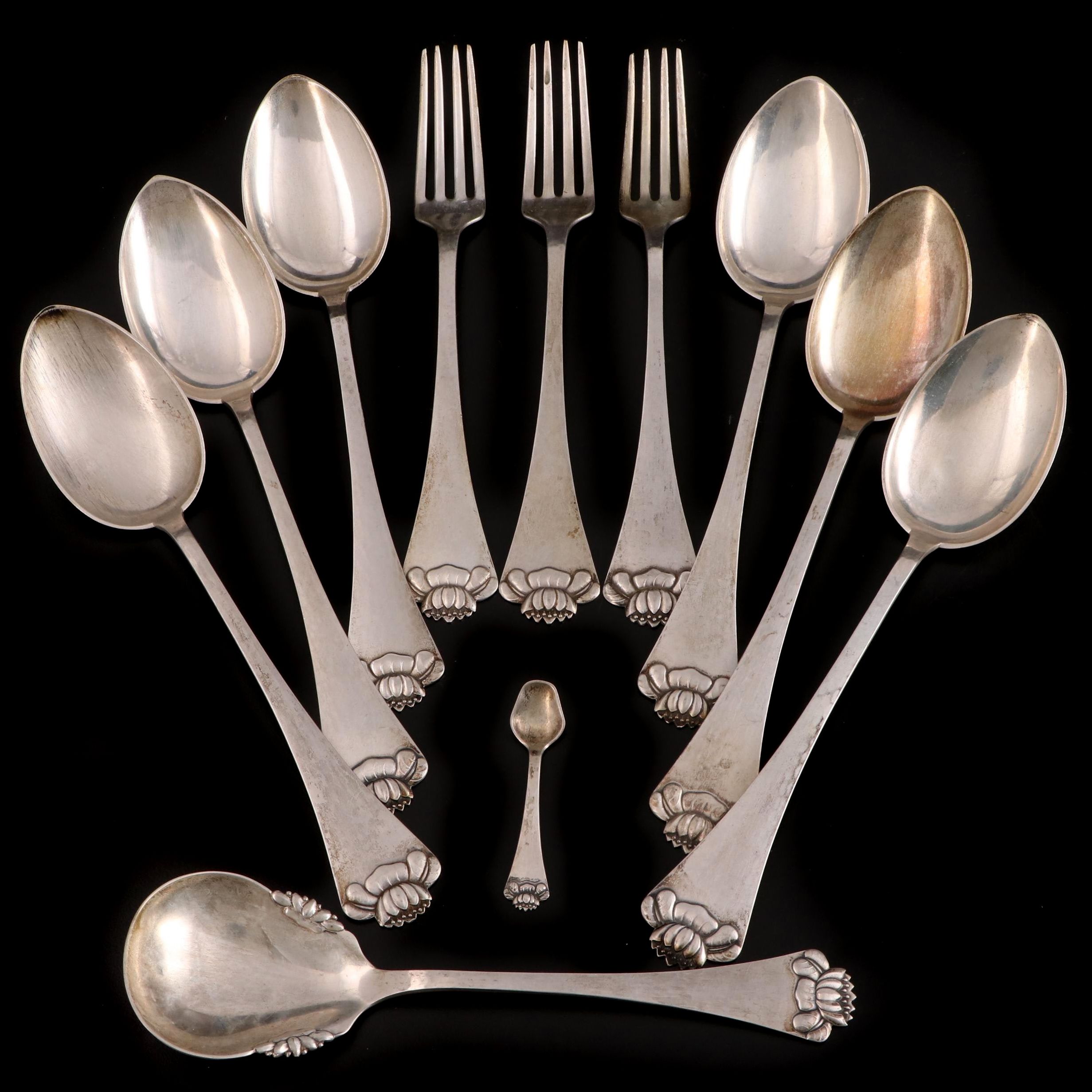 Christian F. Heise Danish 833 Silver Flatware and Serving Utensils, Early 20th C