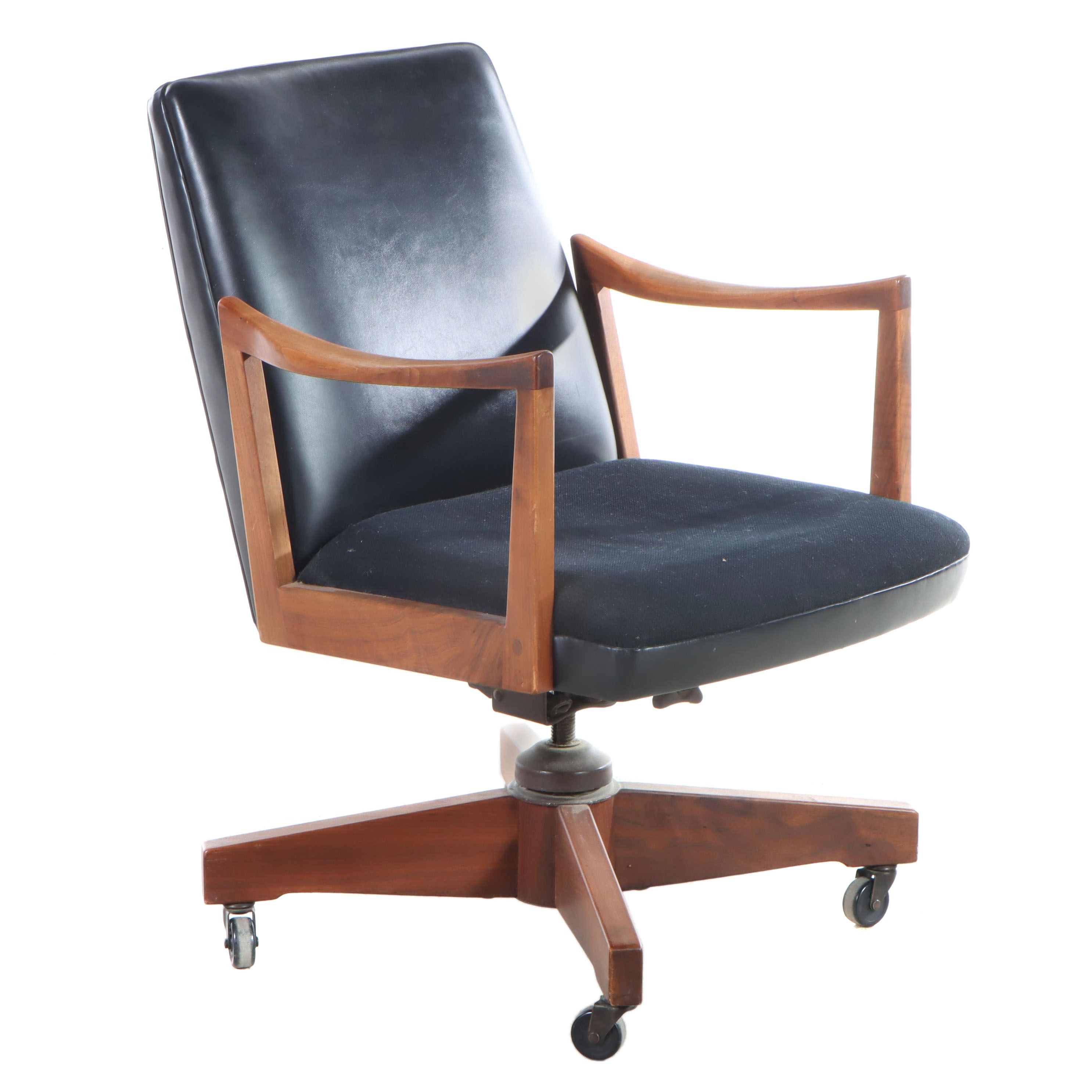 W. H. Gunlocke Mid Century Modern Wood and Vinyl Rolling Desk Chair