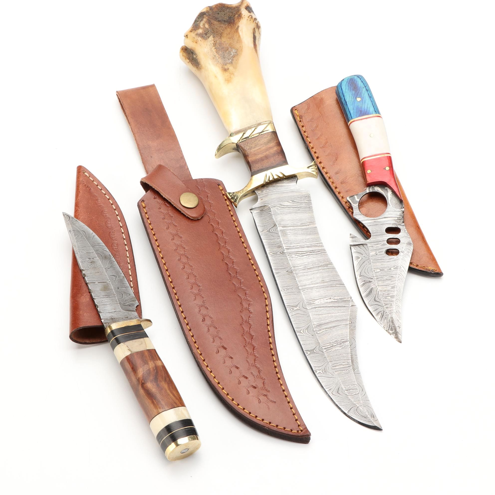 Three Damascus Steel, Wood, and Bone Handled Fixed Blade Knives with Scabbards