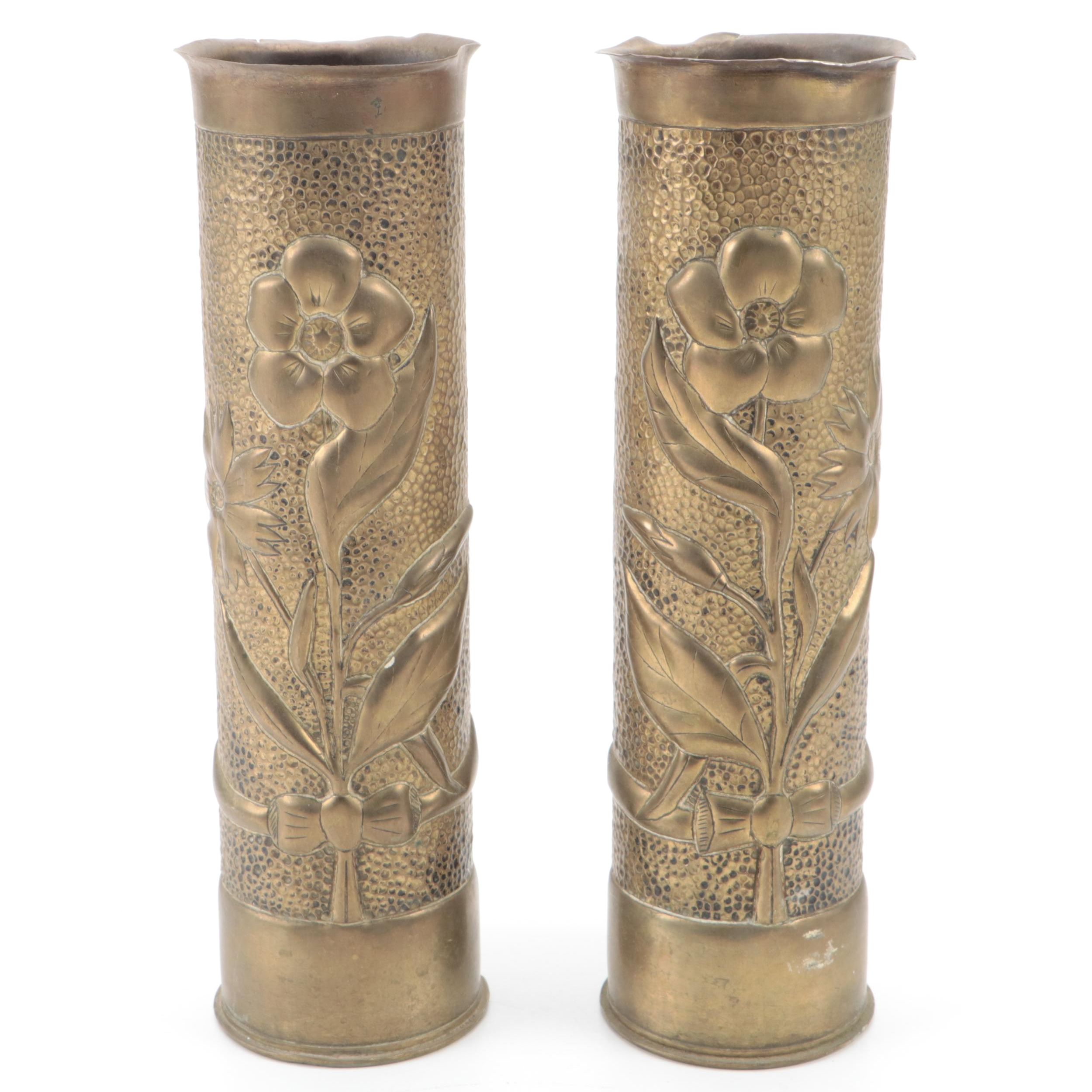 Pair of World War One Trench Art Shell Casing Vases with Floral Decoration