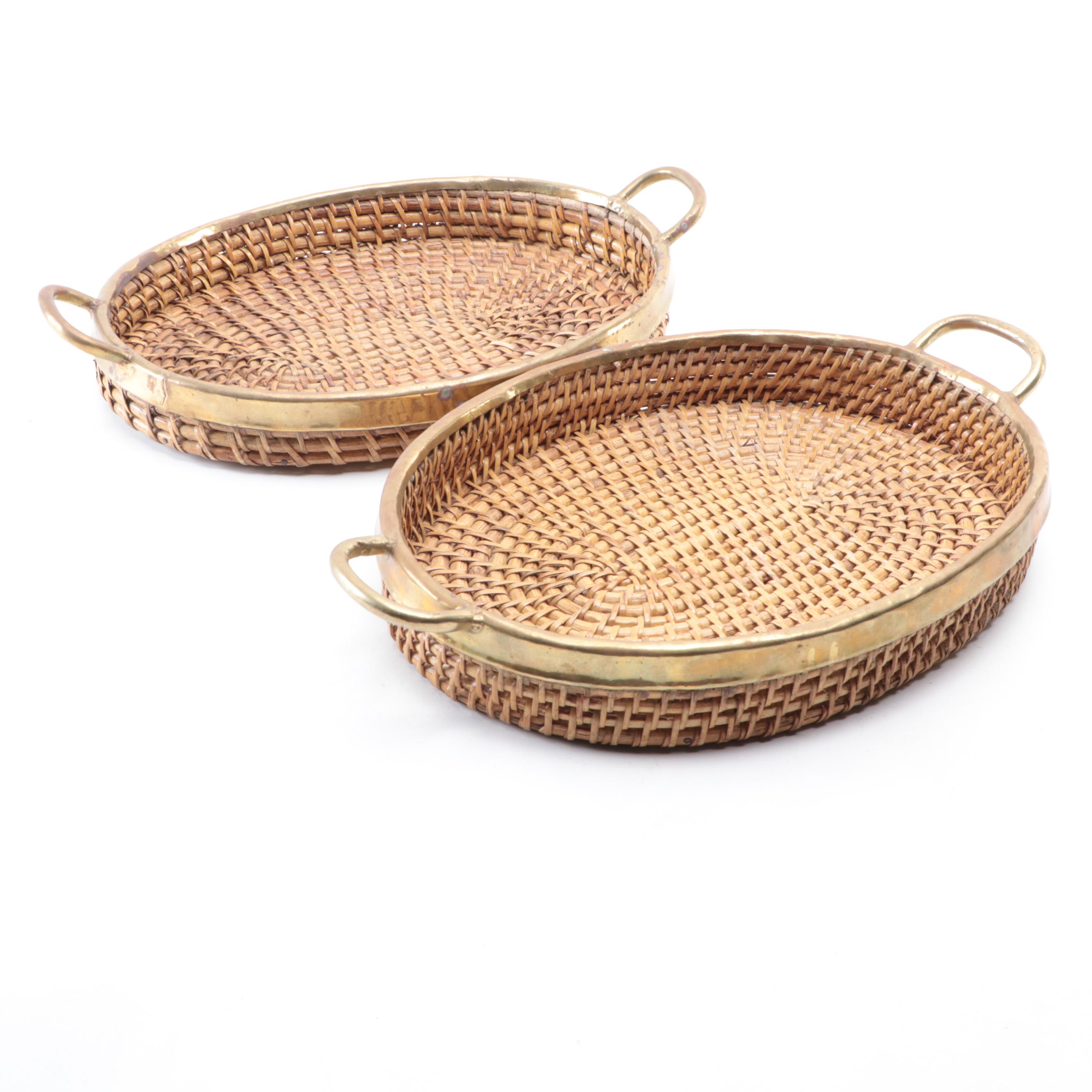Talavera Pottery Serving Bowl with Brass Banded Woven Serving Trays