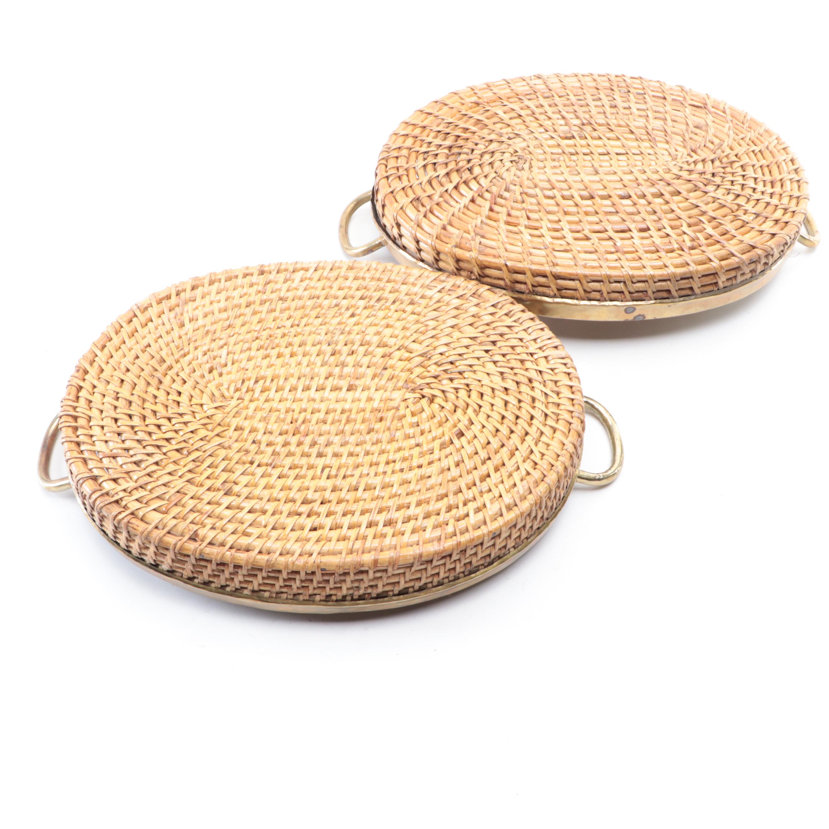 Talavera Pottery Serving Bowl with Brass Banded Woven Serving Trays