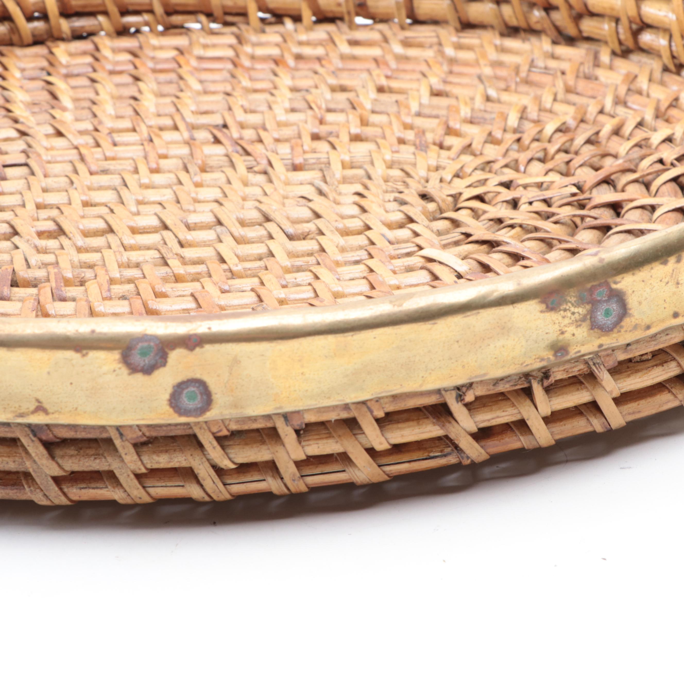 Talavera Pottery Serving Bowl with Brass Banded Woven Serving Trays