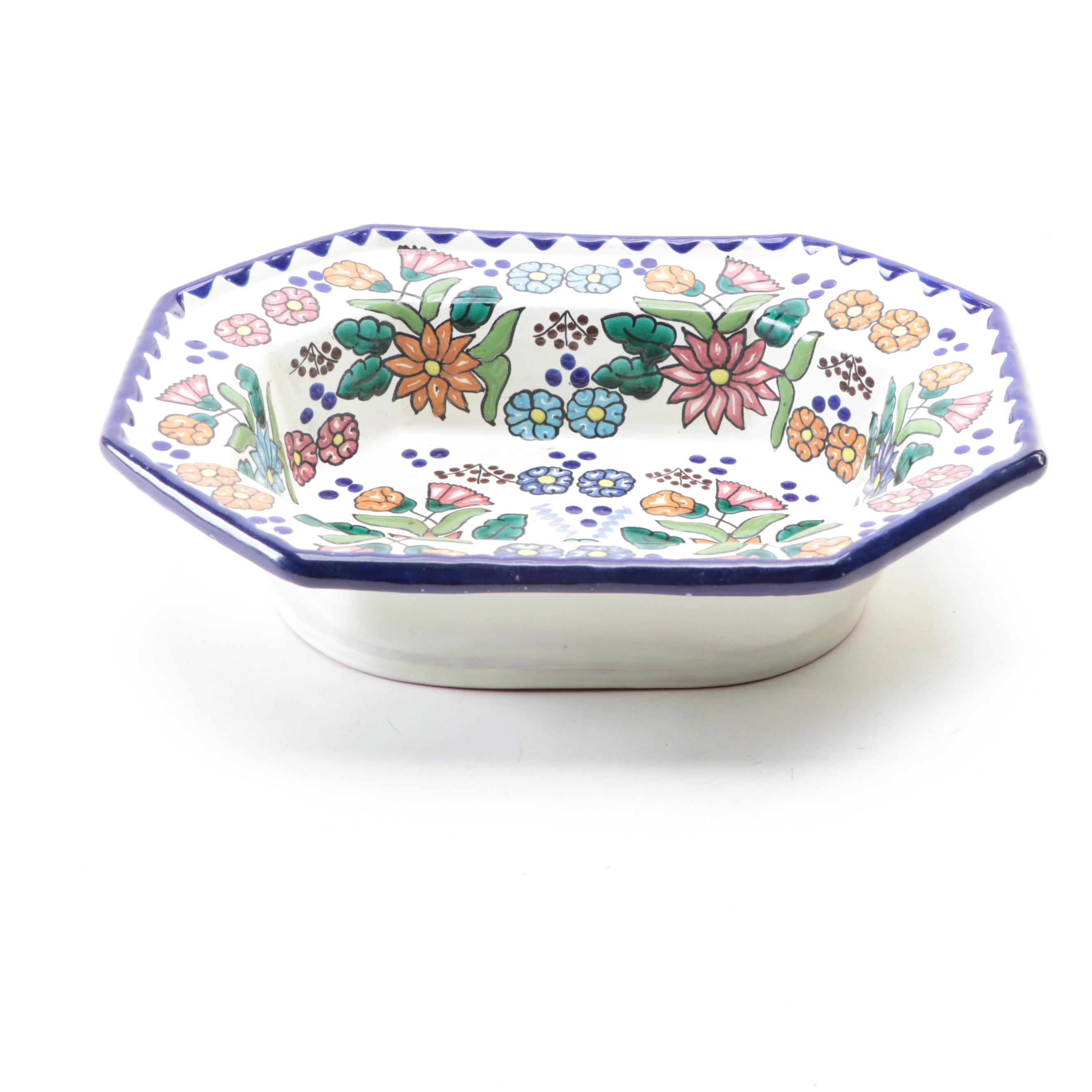 Talavera Pottery Serving Bowl with Brass Banded Woven Serving Trays