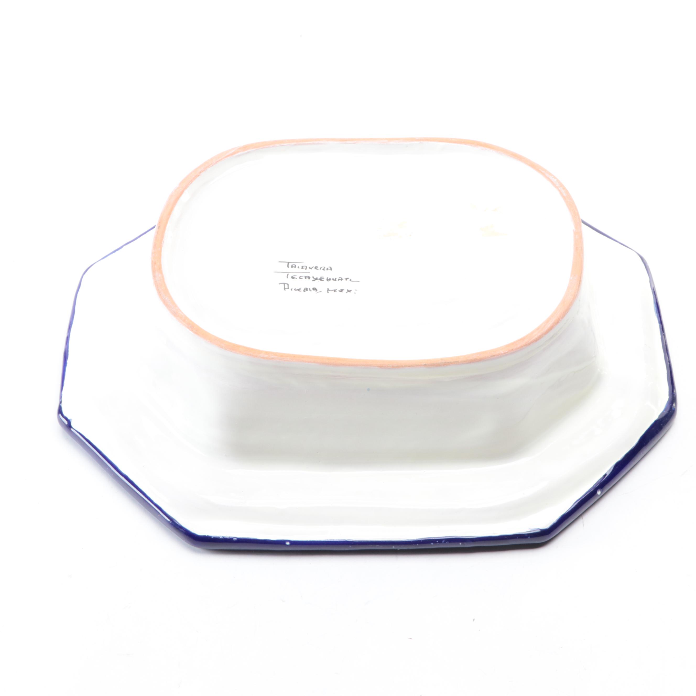 Talavera Pottery Serving Bowl with Brass Banded Woven Serving Trays