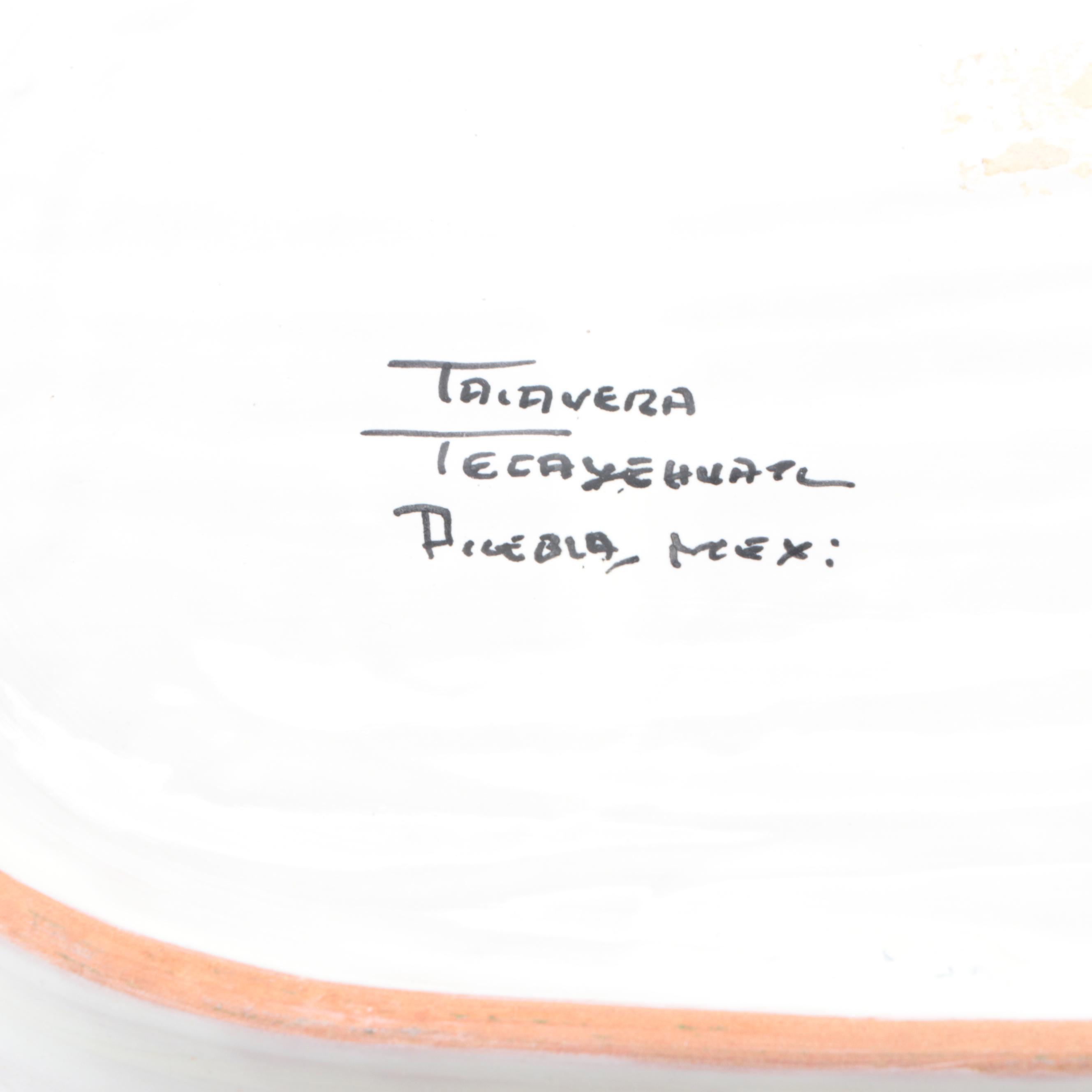 Talavera Pottery Serving Bowl with Brass Banded Woven Serving Trays