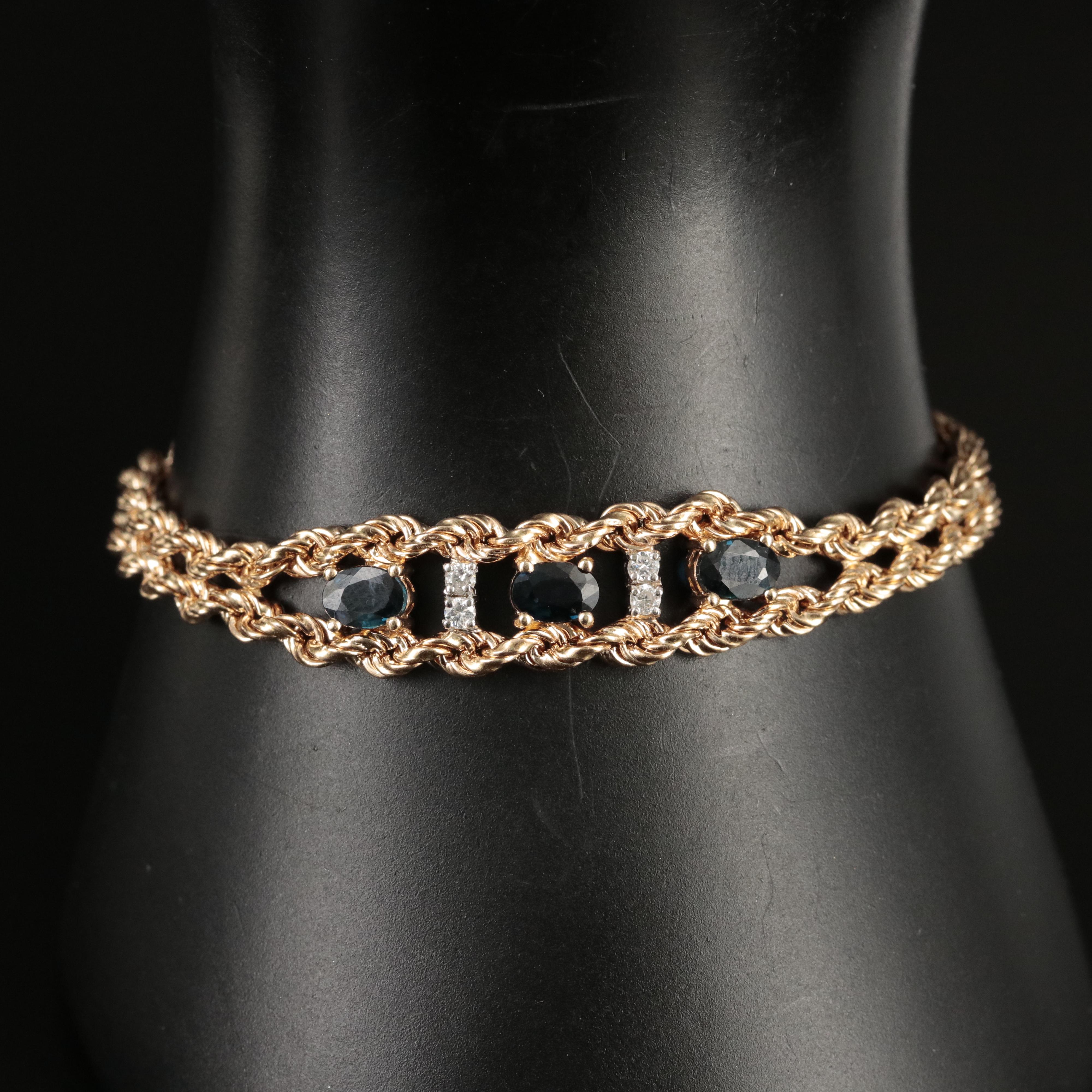 14K Sapphire and Diamond on Double Rope Bracelet