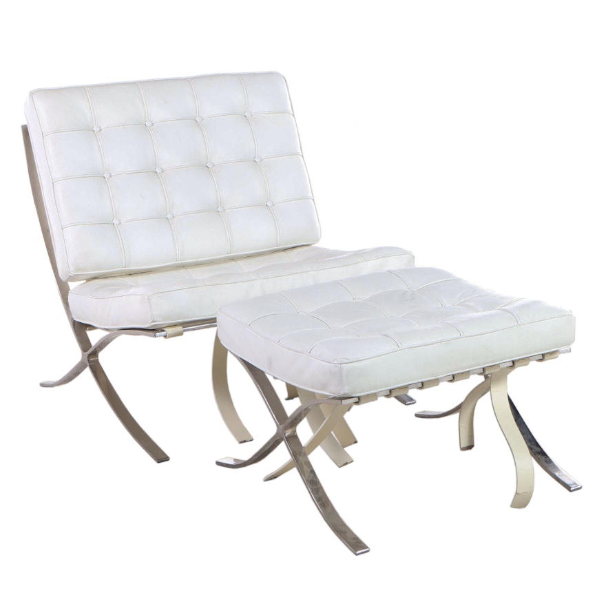 Modernist Chrome and White Leather Barcelona Style Lounge Chair and Ottoman