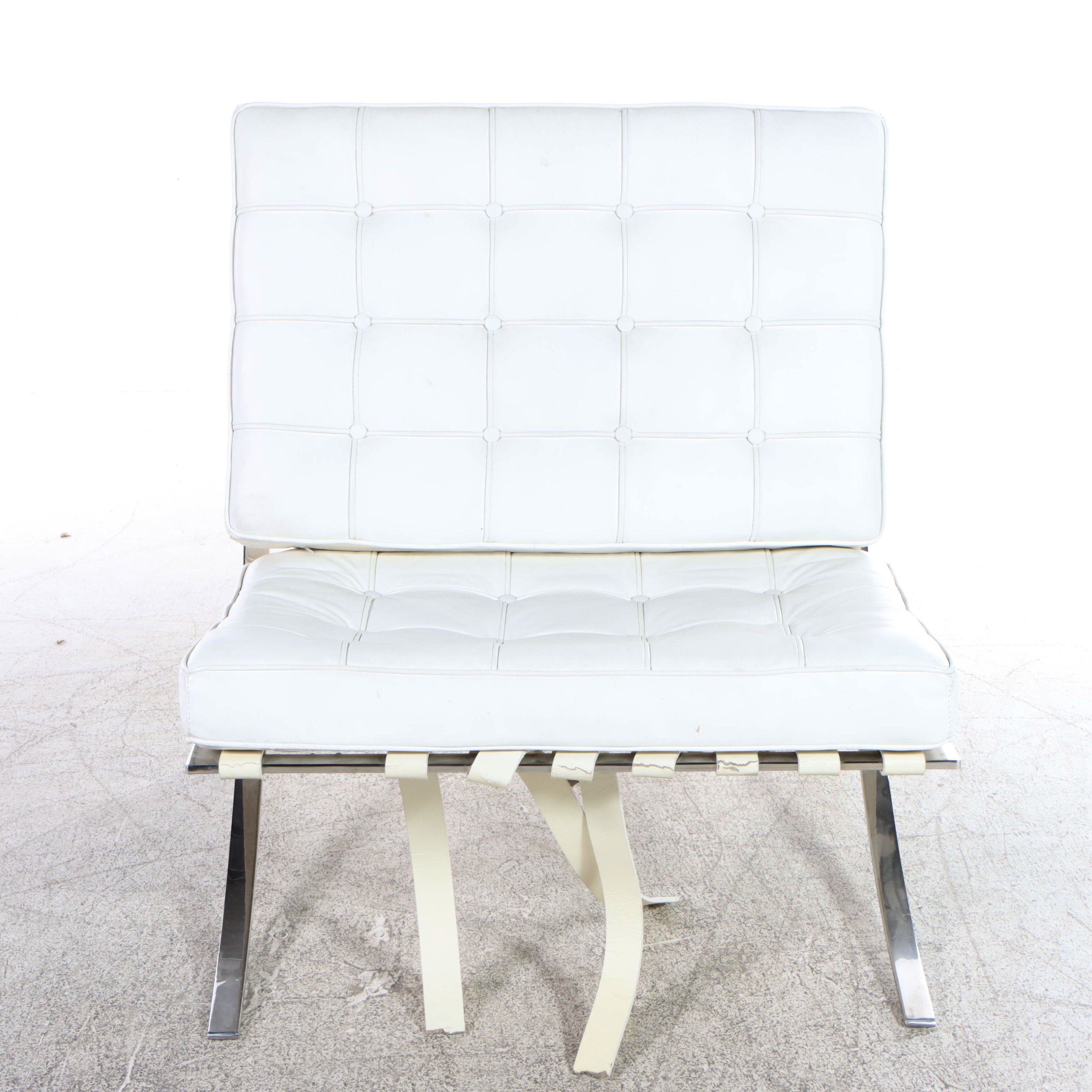Modernist Chrome and White Leather Barcelona Style Lounge Chair and Ottoman