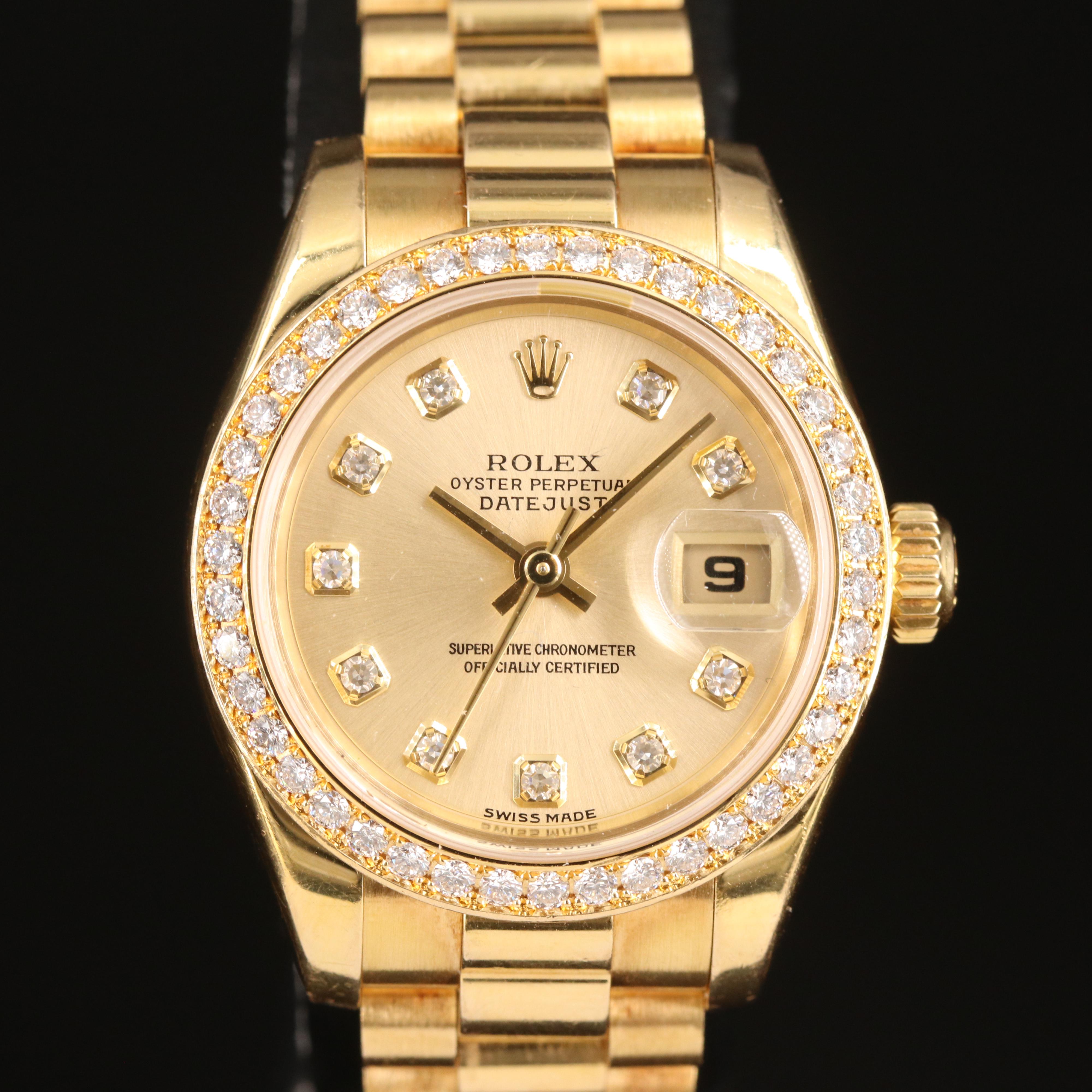 18K Rolex Datejust Watch with Factory Diamond Dial and Bezel