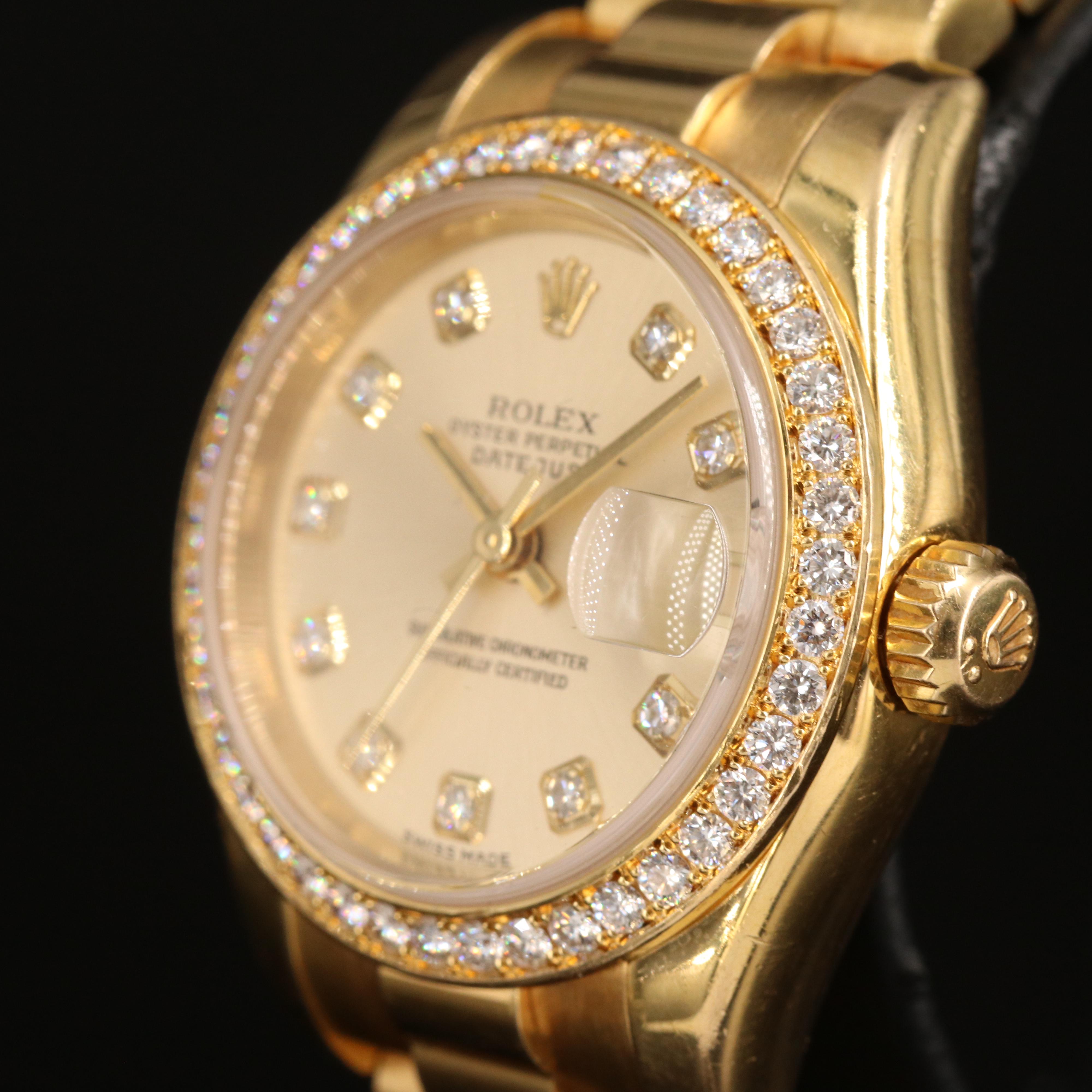 18K Rolex Datejust Watch with Factory Diamond Dial and Bezel