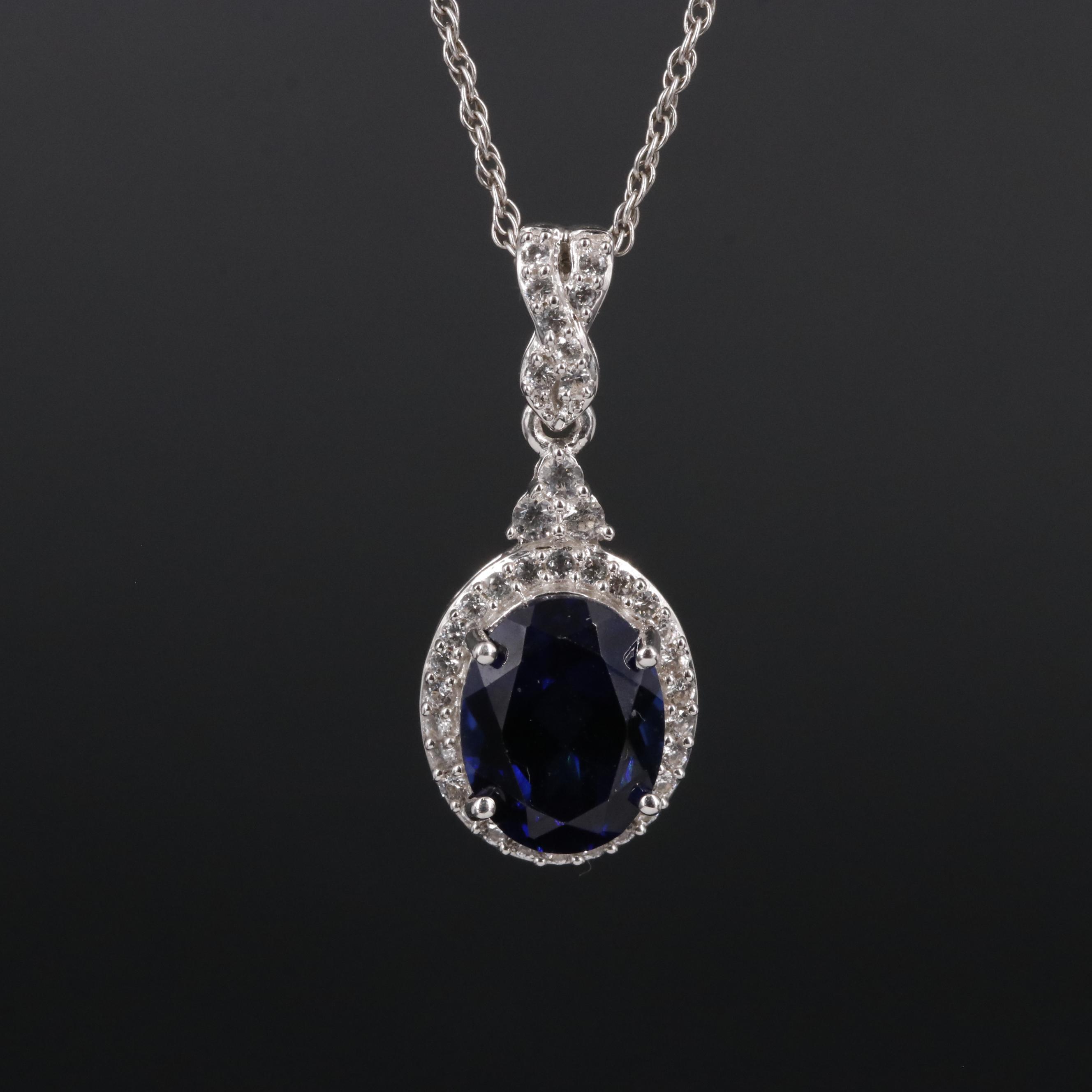 Sterling Lab Grown Sapphire and White Sapphire Pendant Necklace