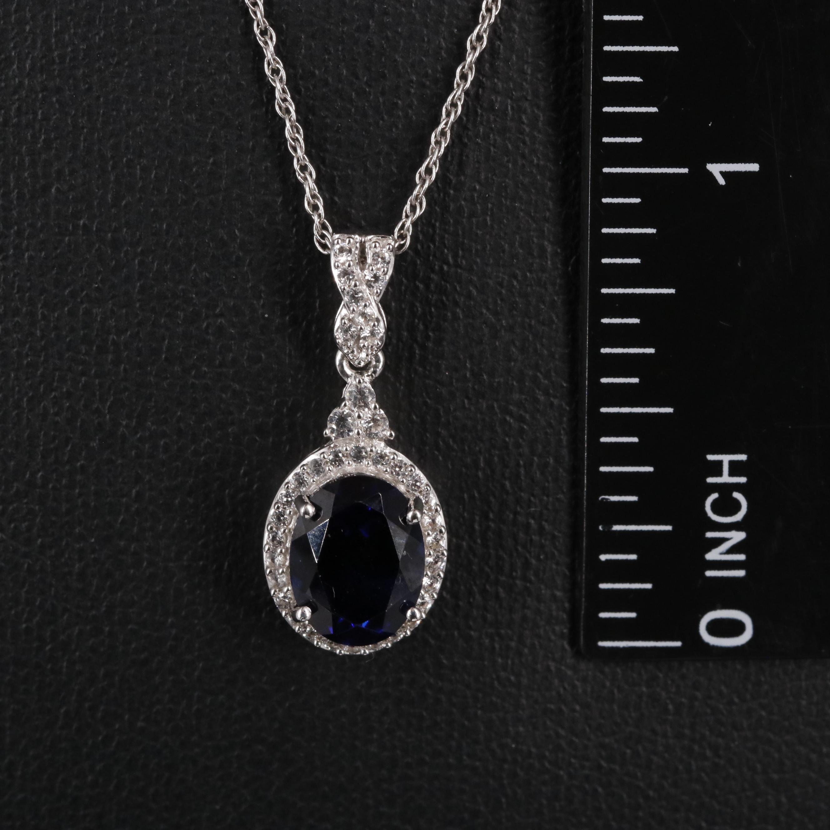 Sterling Lab Grown Sapphire and White Sapphire Pendant Necklace
