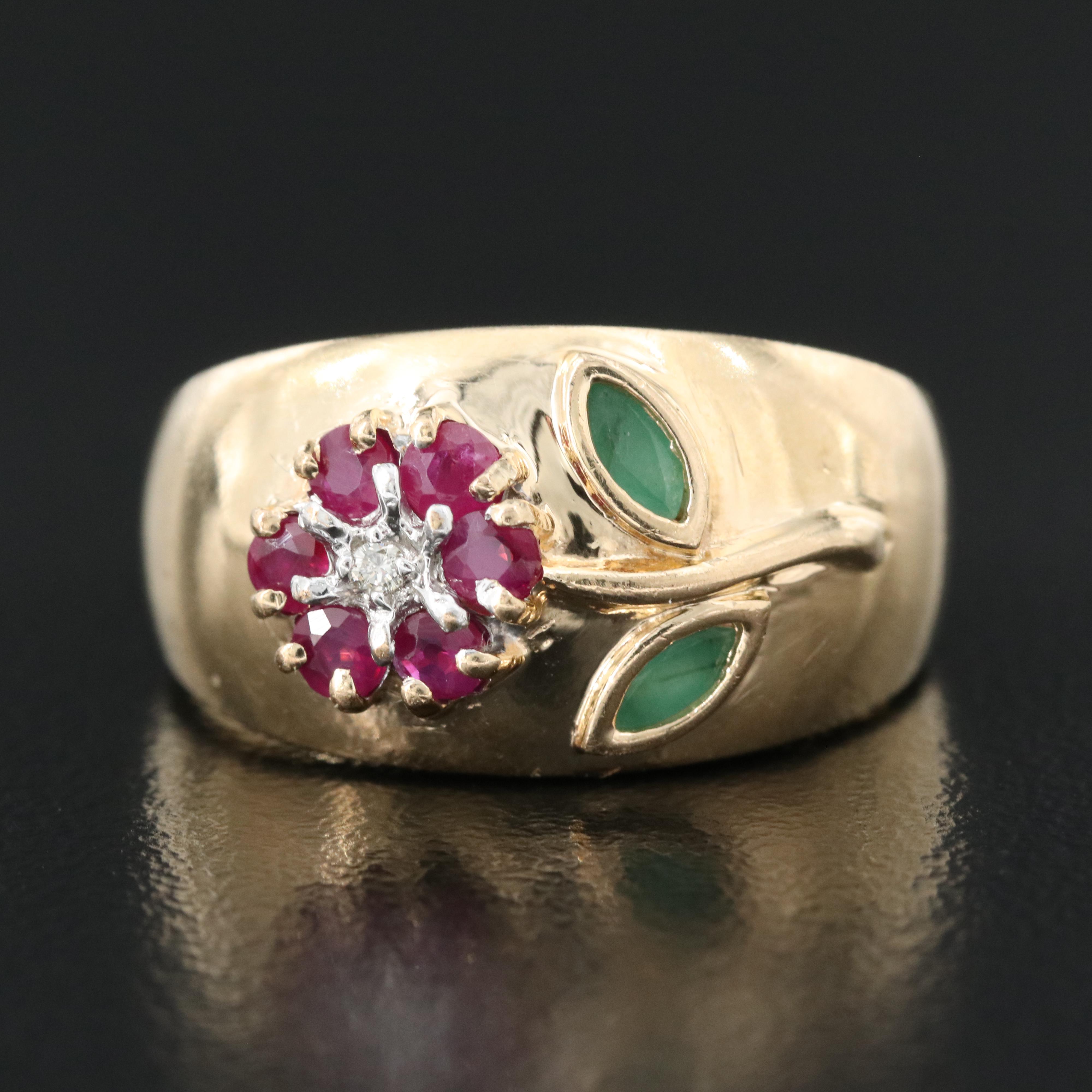 14K Ruby, Emerald and Diamond Flower Ring