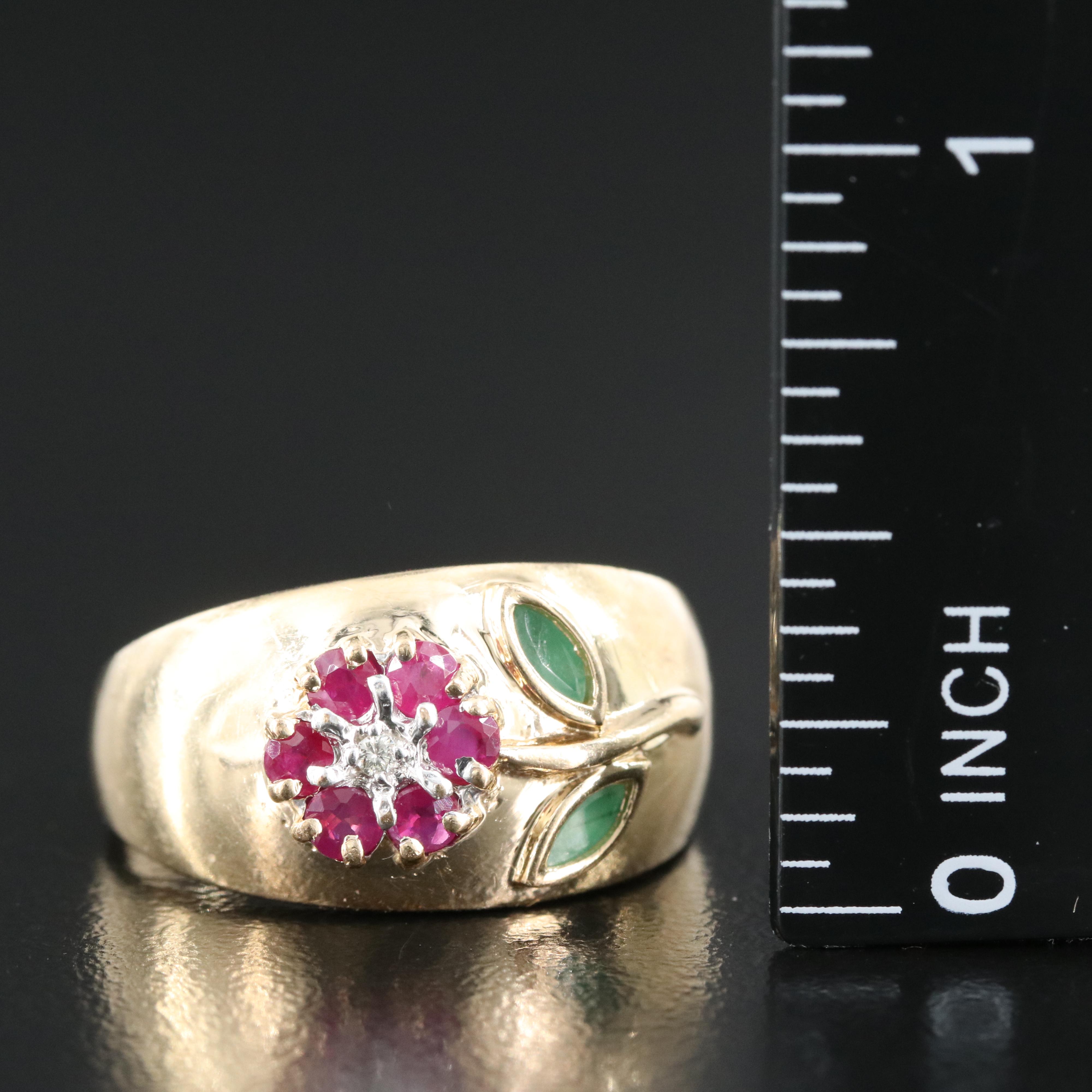 14K Ruby, Emerald and Diamond Flower Ring