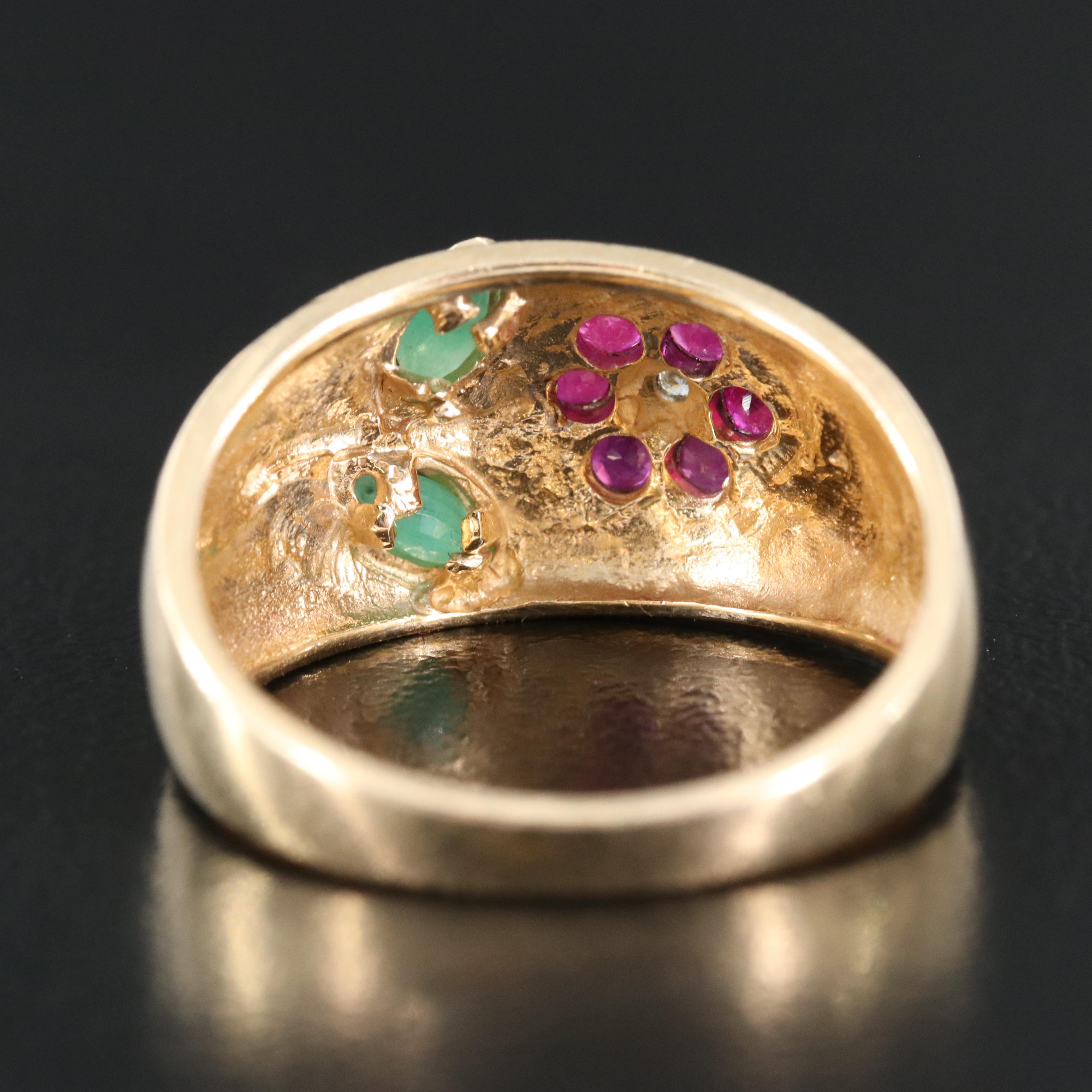14K Ruby, Emerald and Diamond Flower Ring