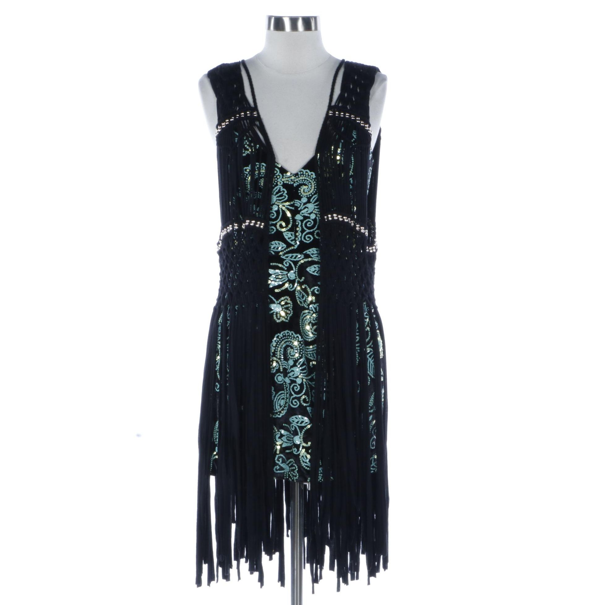 Cosmopolitan Sequined Sleeveless Dress and Bebe Studded Finge Vest