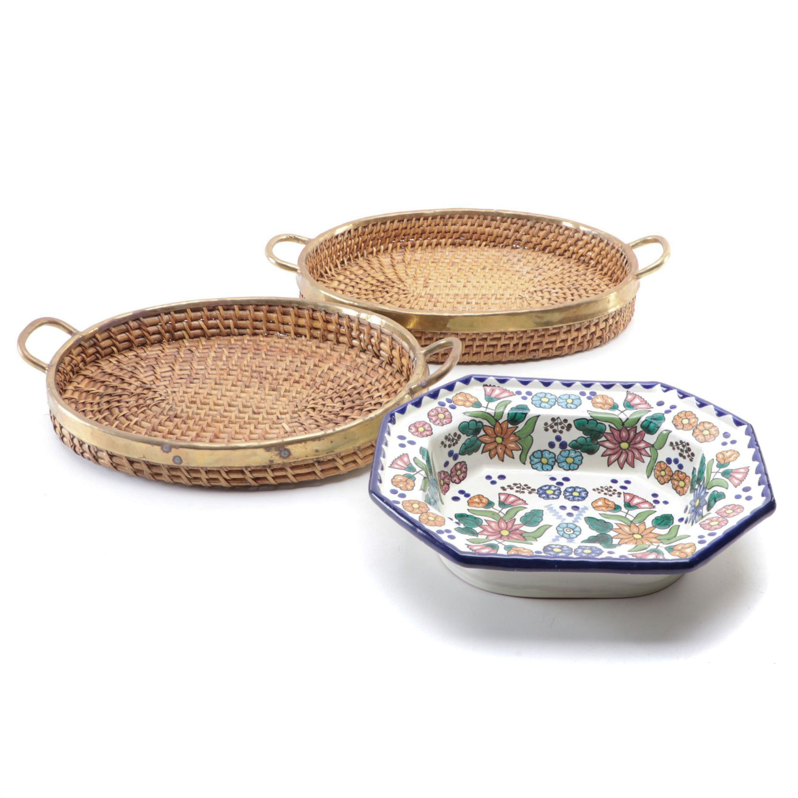 Talavera Pottery Serving Bowl with Brass Banded Woven Serving Trays