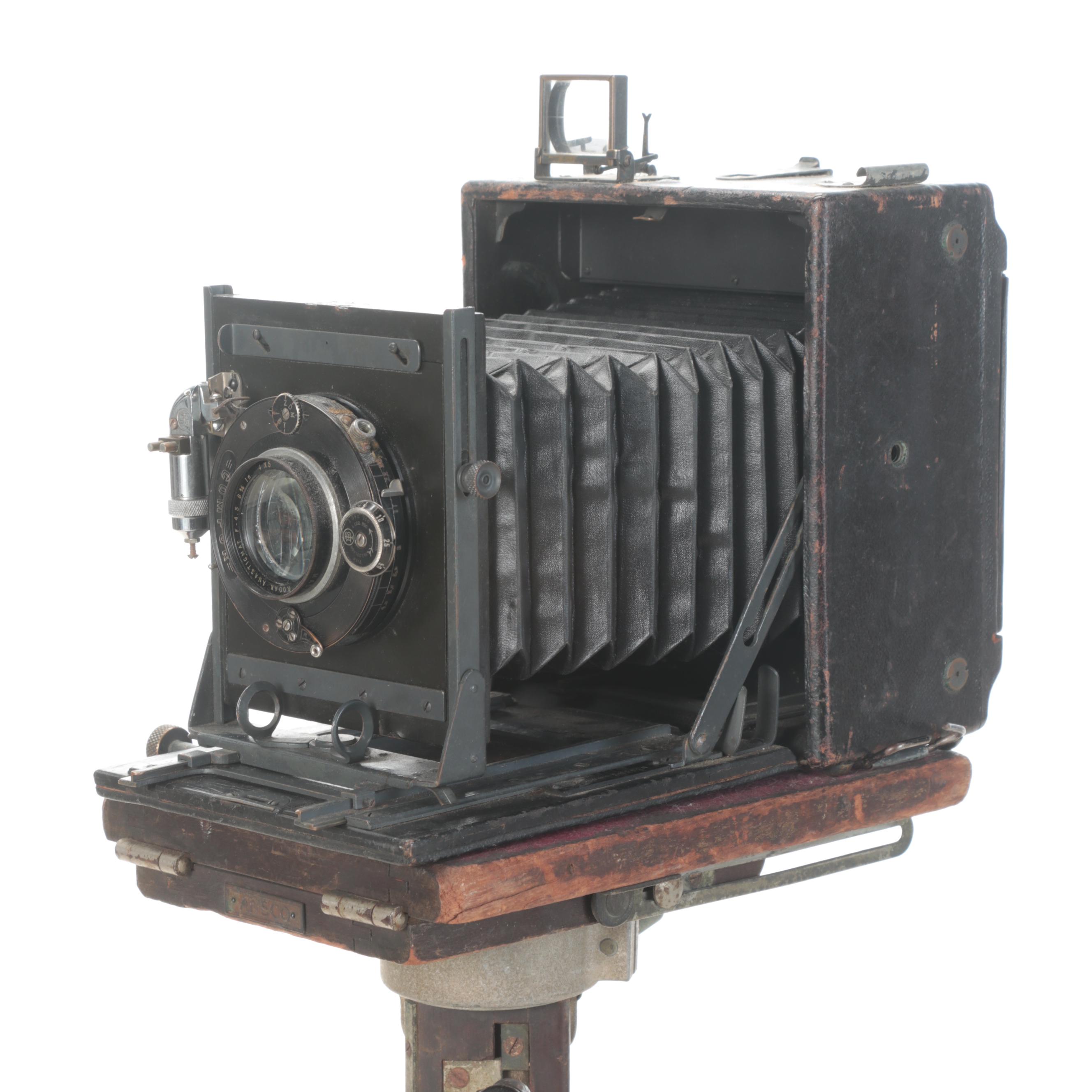 Folmer Graflex Speed Graphic Camera,  Kodak Anastigmat Lens, Ansco Tripod Stand