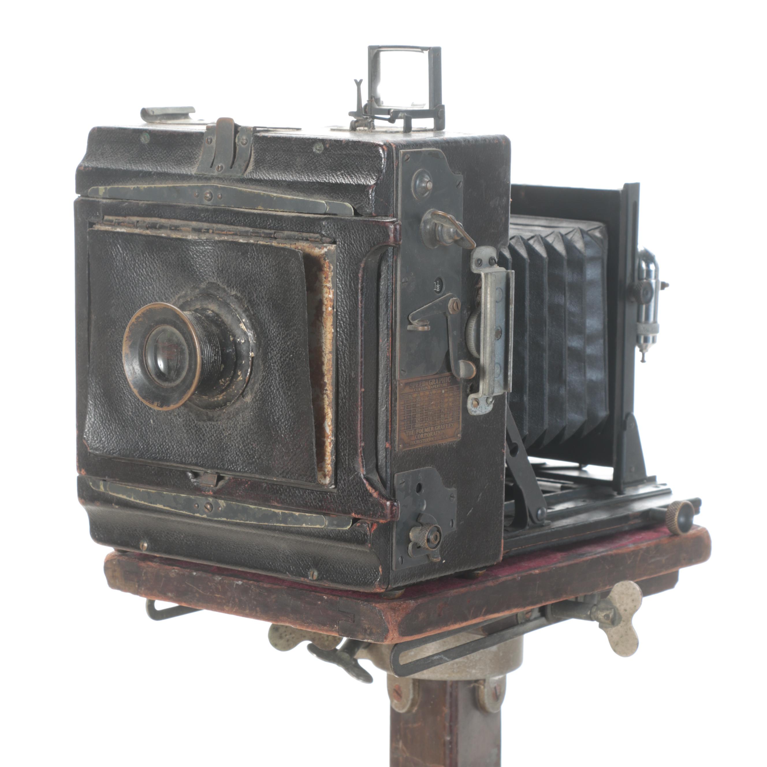Folmer Graflex Speed Graphic Camera,  Kodak Anastigmat Lens, Ansco Tripod Stand