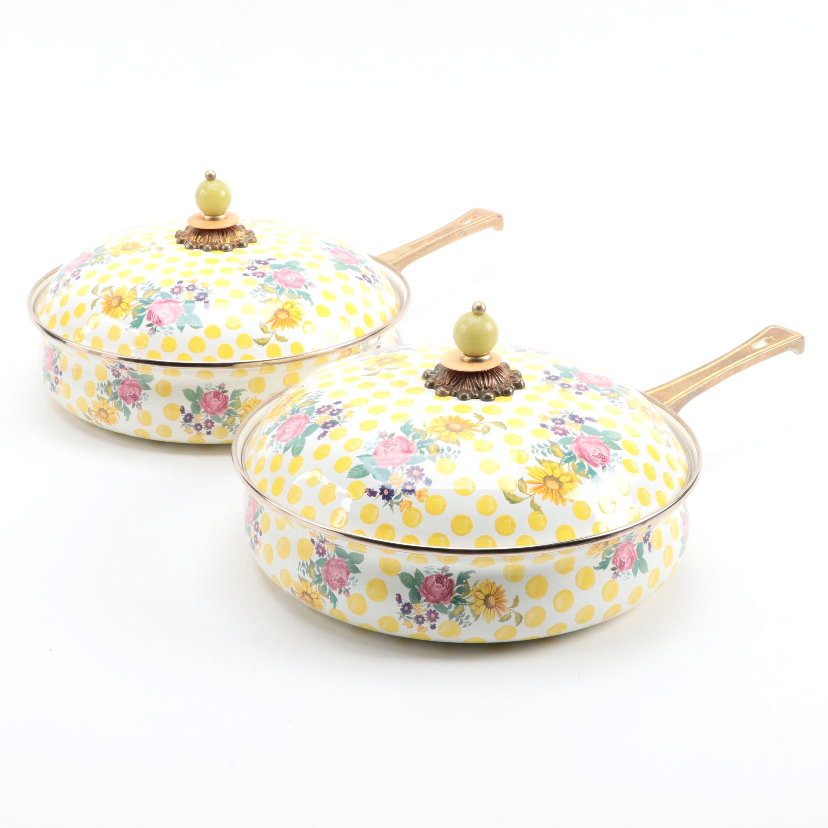 MacKenzie-Childs "Buttercup" Enameled Metal Lidded Skillets