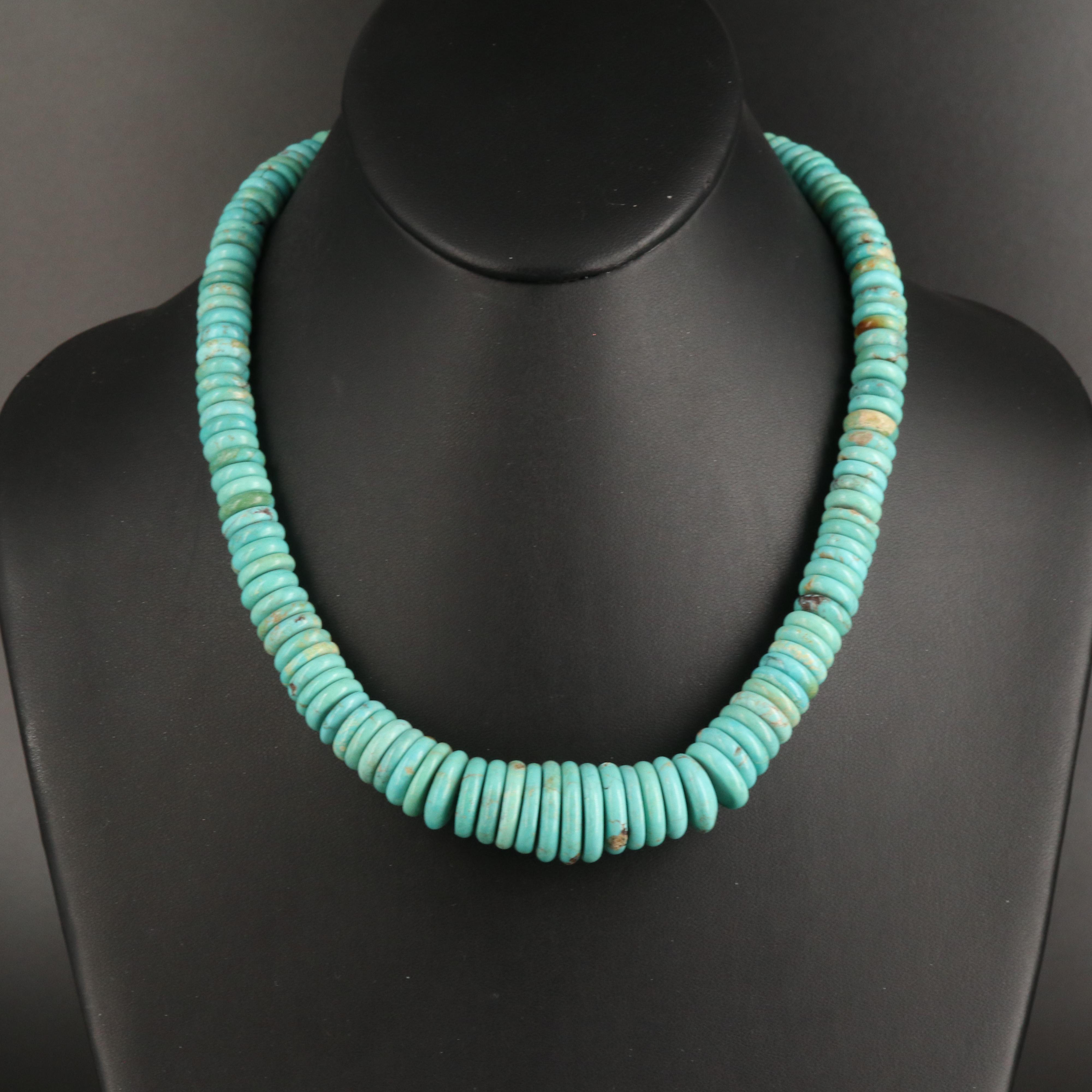 Graduated Turquoise Heshi Bead Necklace with Sterling Clasp
