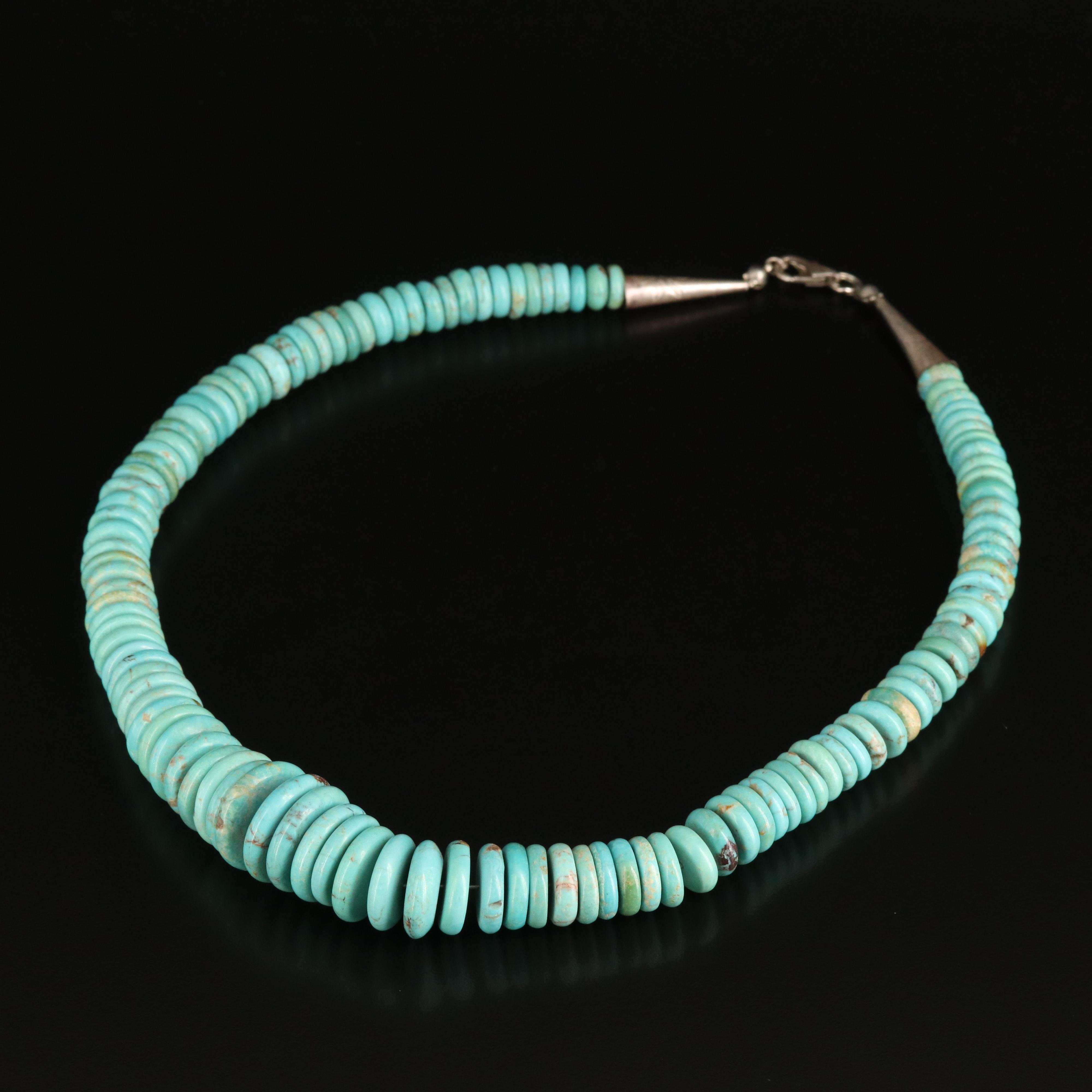 Graduated Turquoise Heshi Bead Necklace with Sterling Clasp