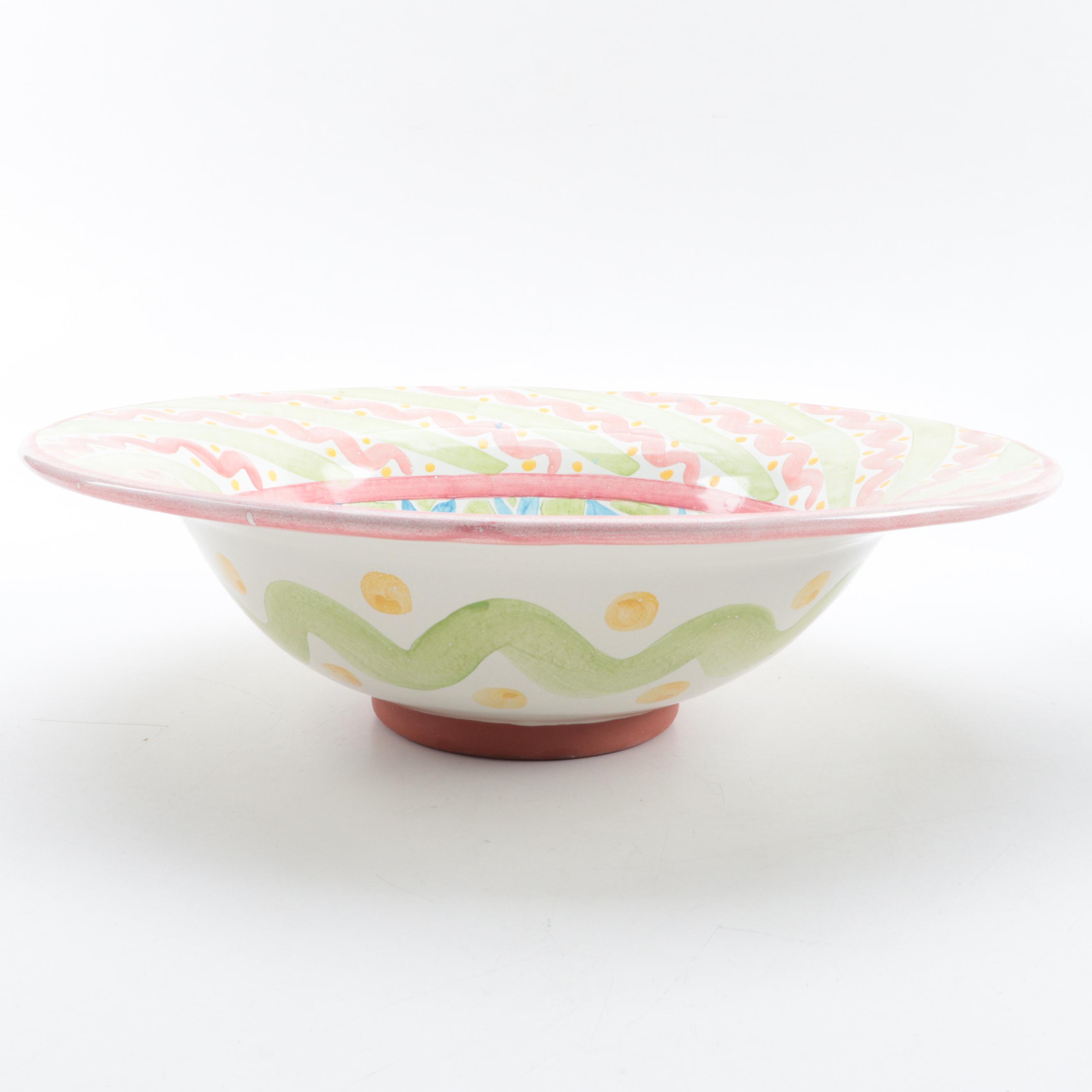MacKenzie-Childs Hand-Painted Terracotta Ruffled Edge Bowl and Plate