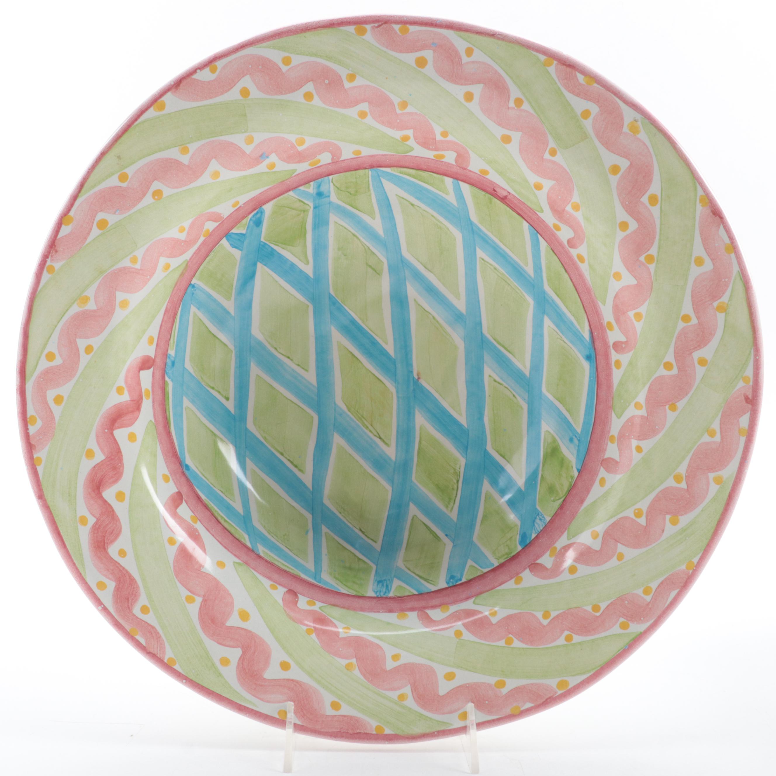 MacKenzie-Childs Hand-Painted Terracotta Ruffled Edge Bowl and Plate