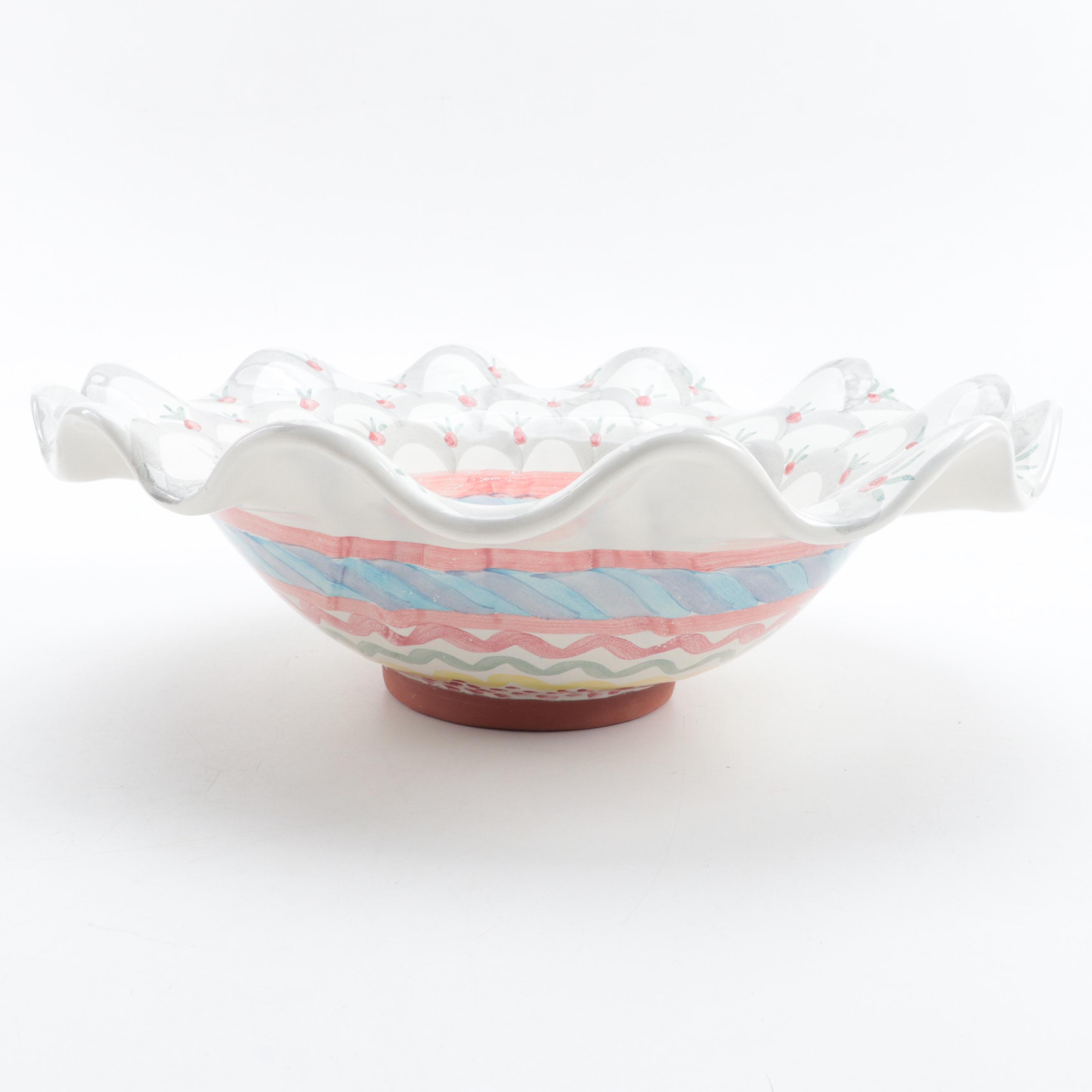 MacKenzie-Childs Hand-Painted Terracotta Ruffled Edge Bowl and Plate