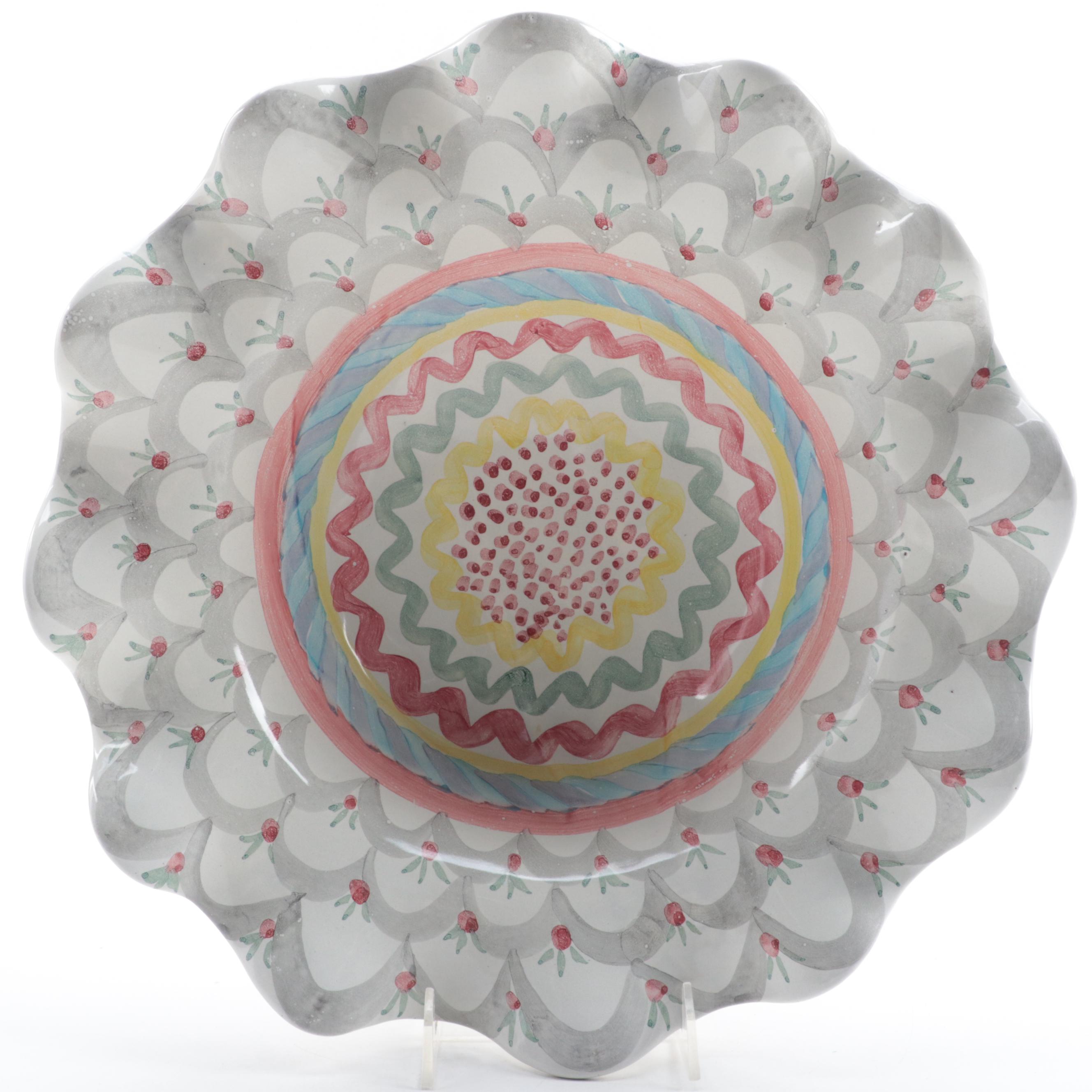 MacKenzie-Childs Hand-Painted Terracotta Ruffled Edge Bowl and Plate