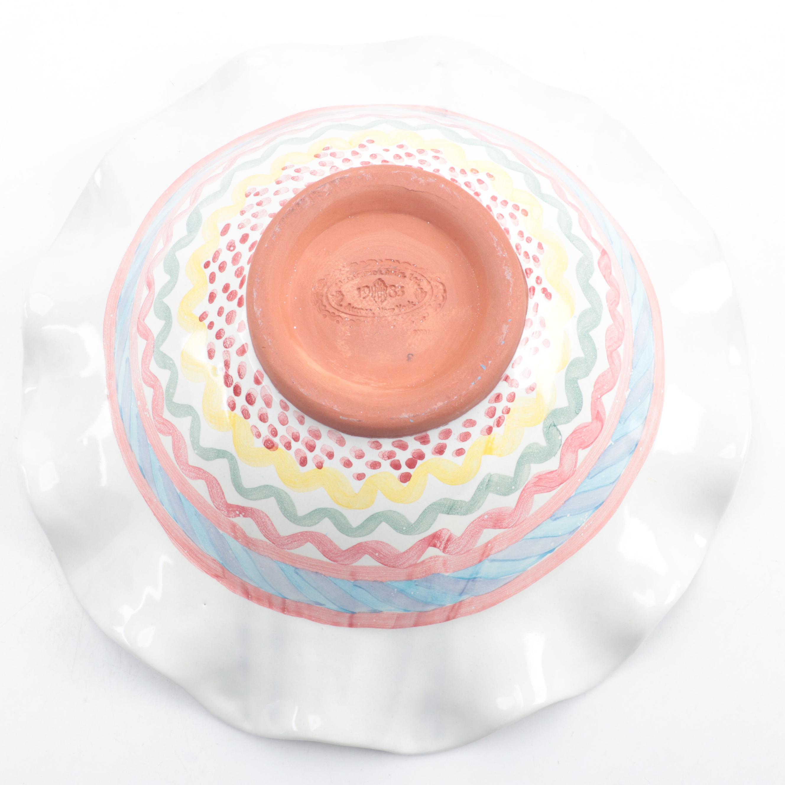 MacKenzie-Childs Hand-Painted Terracotta Ruffled Edge Bowl and Plate