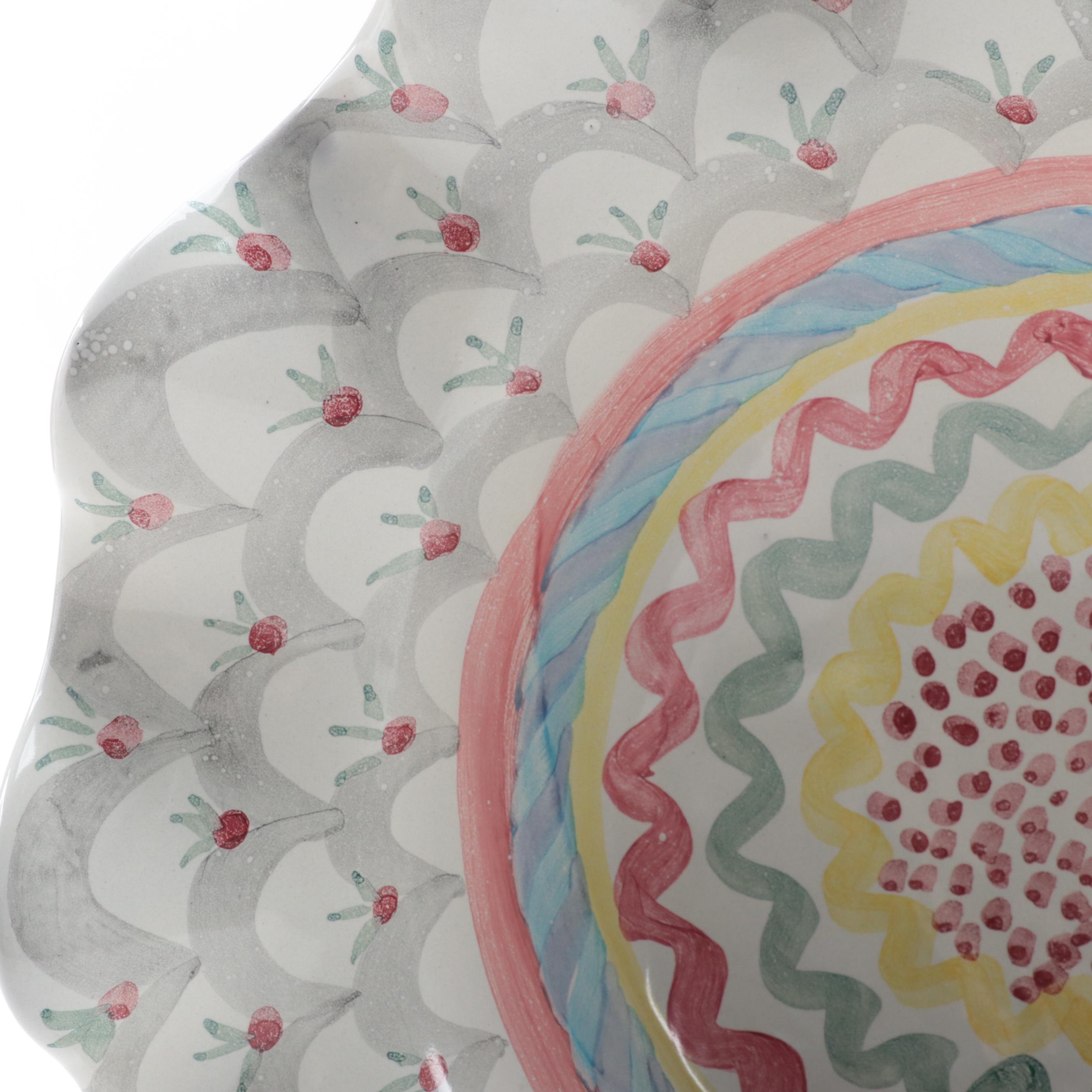 MacKenzie-Childs Hand-Painted Terracotta Ruffled Edge Bowl and Plate