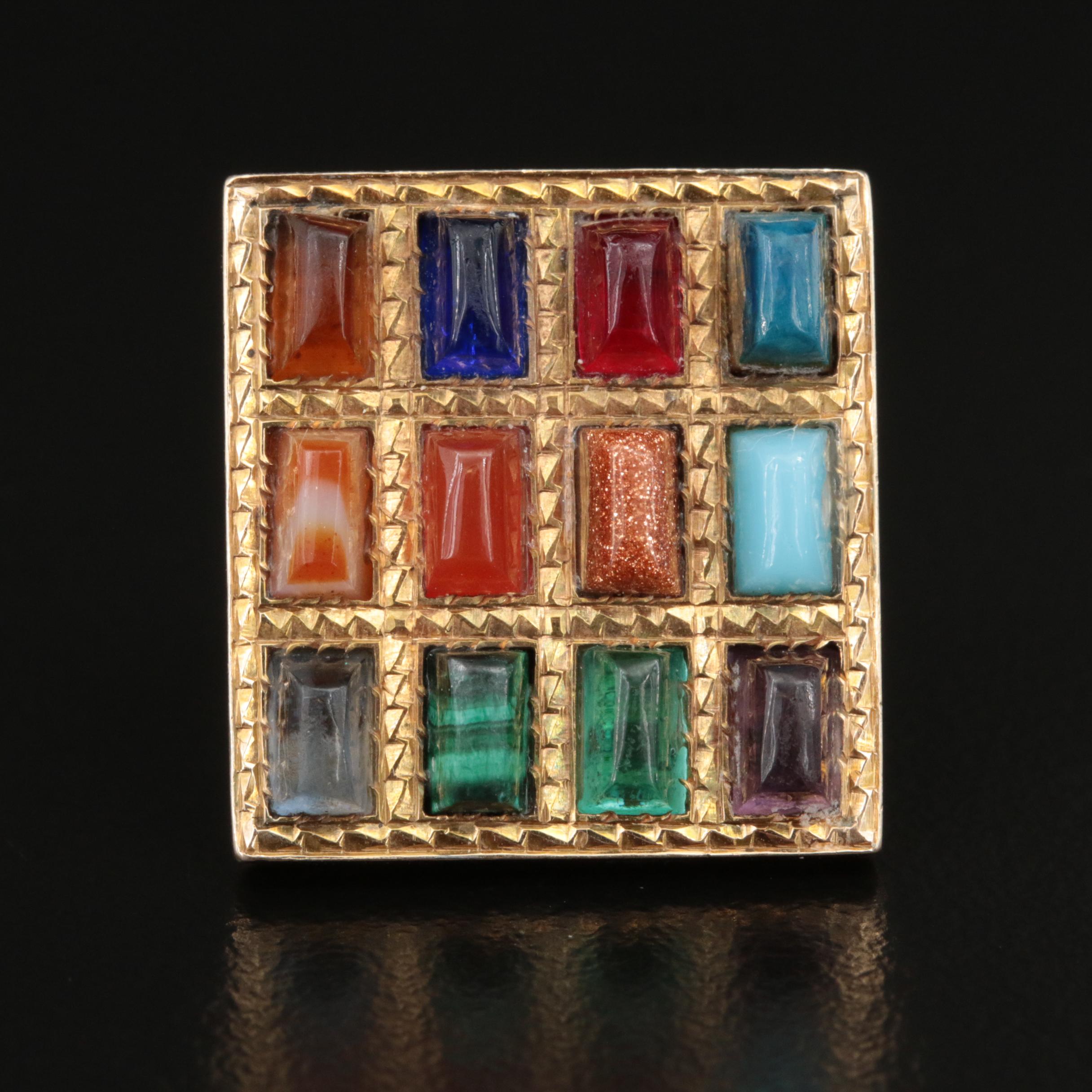 Vintage 14K Goldstone Glass, Malachite, Agate and Gemstone Ring with 10K Head