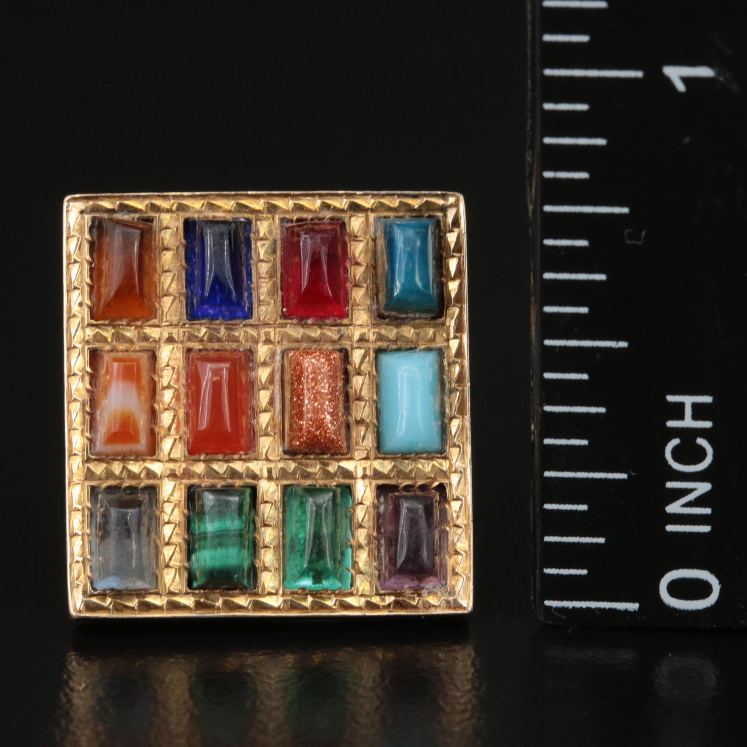 Vintage 14K Goldstone Glass, Malachite, Agate and Gemstone Ring with 10K Head