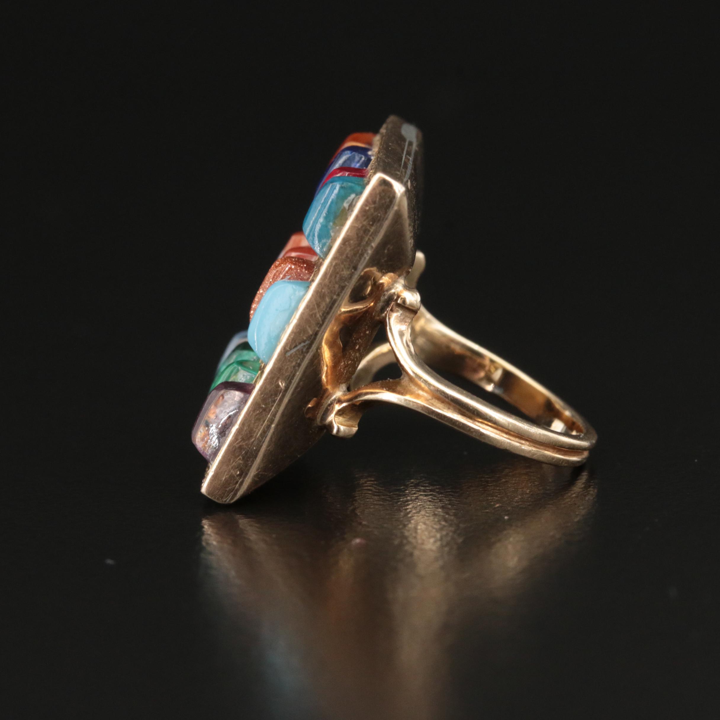 Vintage 14K Goldstone Glass, Malachite, Agate and Gemstone Ring with 10K Head