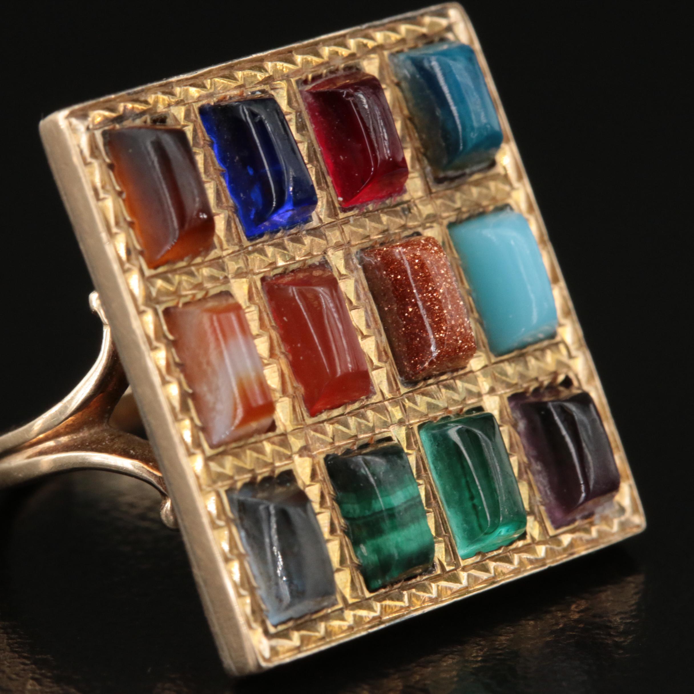 Vintage 14K Goldstone Glass, Malachite, Agate and Gemstone Ring with 10K Head