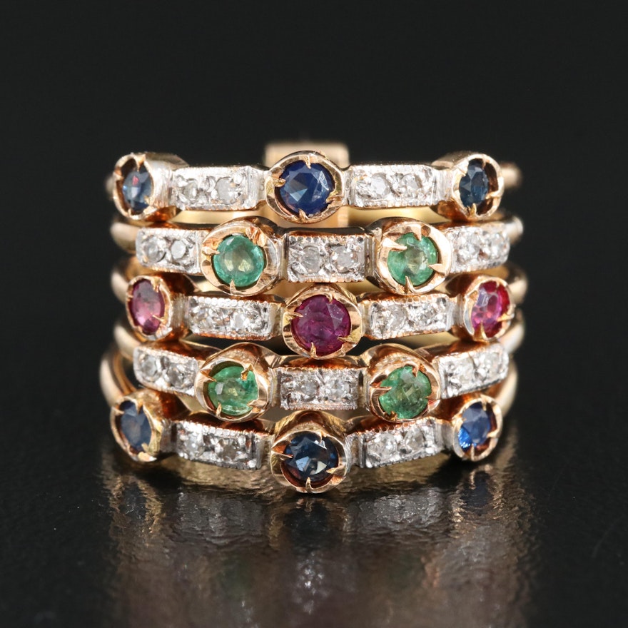 14K Sapphire, Ruby, Emerald and Diamond Connected Stacking Rings